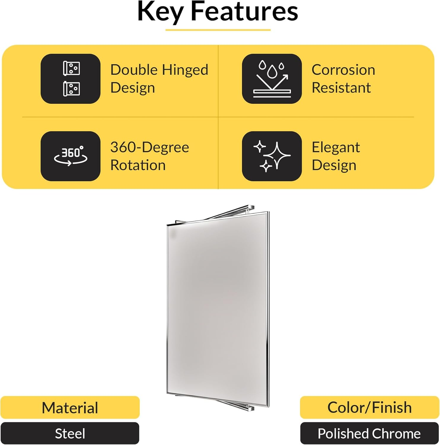 Brixwell PNV14CH 14" W X 22" H Pivot-N-Vue Double Hinged Mirror Rectangular Polished Chrome image number 4