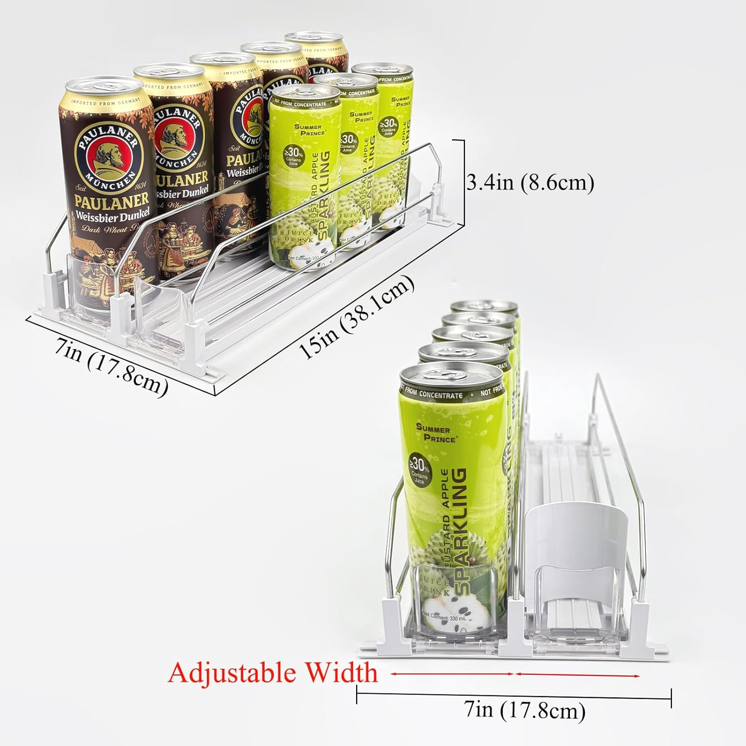 Neehows Drink Organizer for Fridge, Self Pushing Soda Can Dispenser for Refrigerator, Automatic Beverage Pusher Glide Beer Water Bottle Holder -2 Rows, White image number 3