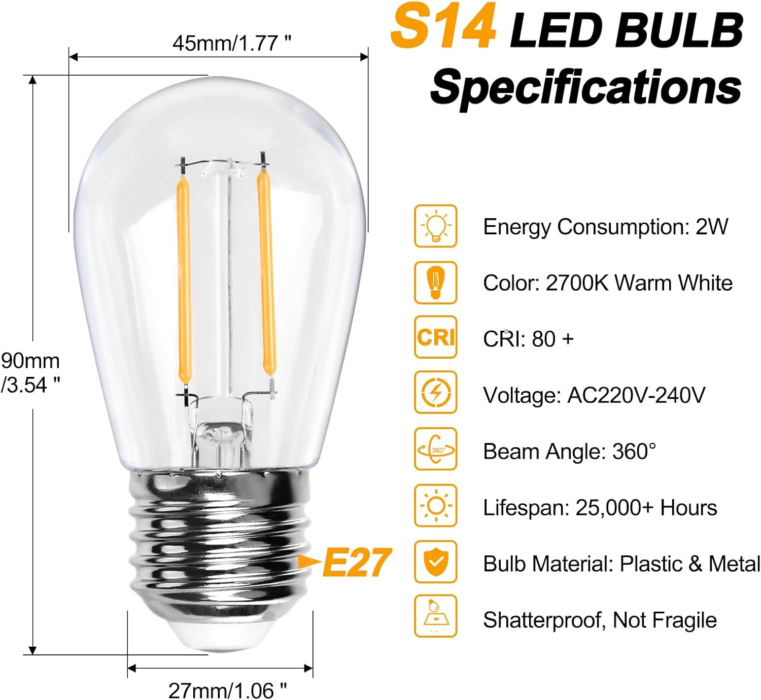 Spacelumen 25 Pack 2W E27 Screw Plastic S14 LED Light Bulb, Shatterproof & Waterproof 2700K Warm White Outdoor String Lights Bulbs image number 2