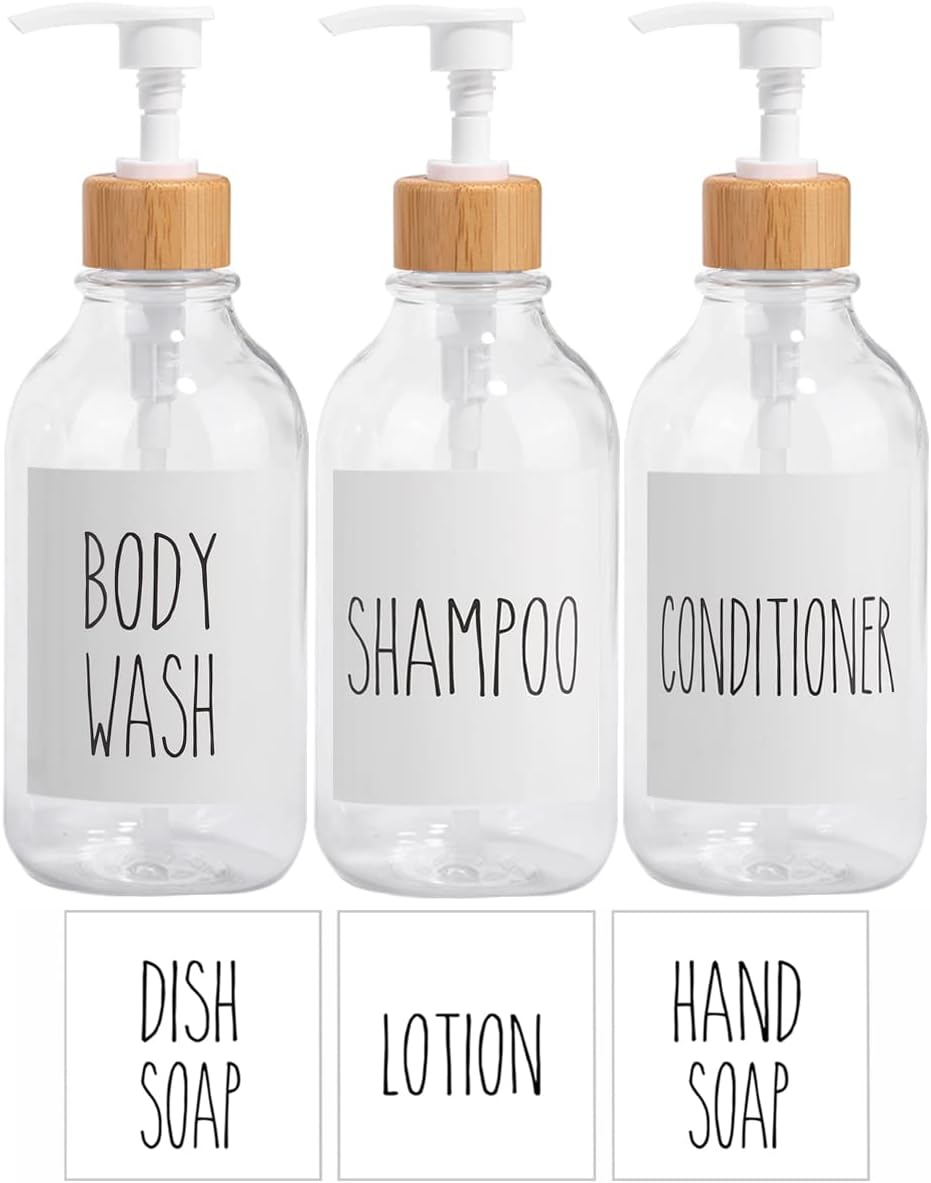 Shampoo and Conditioner Dispenser-Set of 3-16 Oz Reusable Pump Bottle Dispenser for Bathroom with 6 Waterproof Stickers - Empty Plastic Refillable Containers for Shower (Clear)
