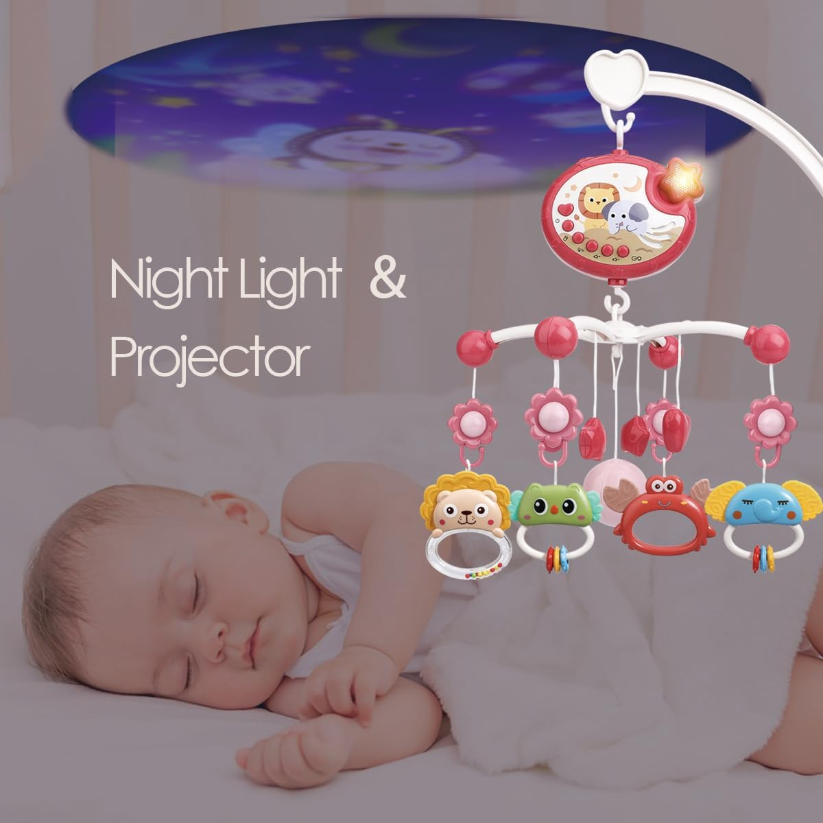Baby Crib Mobile with Remote Control, Star Projector Timing Function, Musical Mobile for Bed with Light and Melodies, Hanging Rotating Rattles Toys for Newborns(Red) - Blue image number 5
