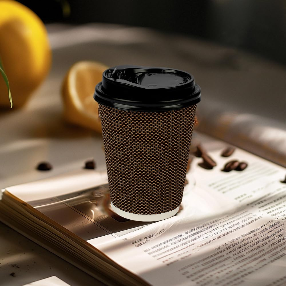 Okam Disposable Coffee Cups with Lids 12Oz (380Ml) - 100 Sets - Corrugated Ripple Wall Paper Cups - for Takeaway Coffee/Hot Chocolate - 3-Layered Wall for Hot/Cold Drinks - Coffee Shop Bulk Buy image number 6