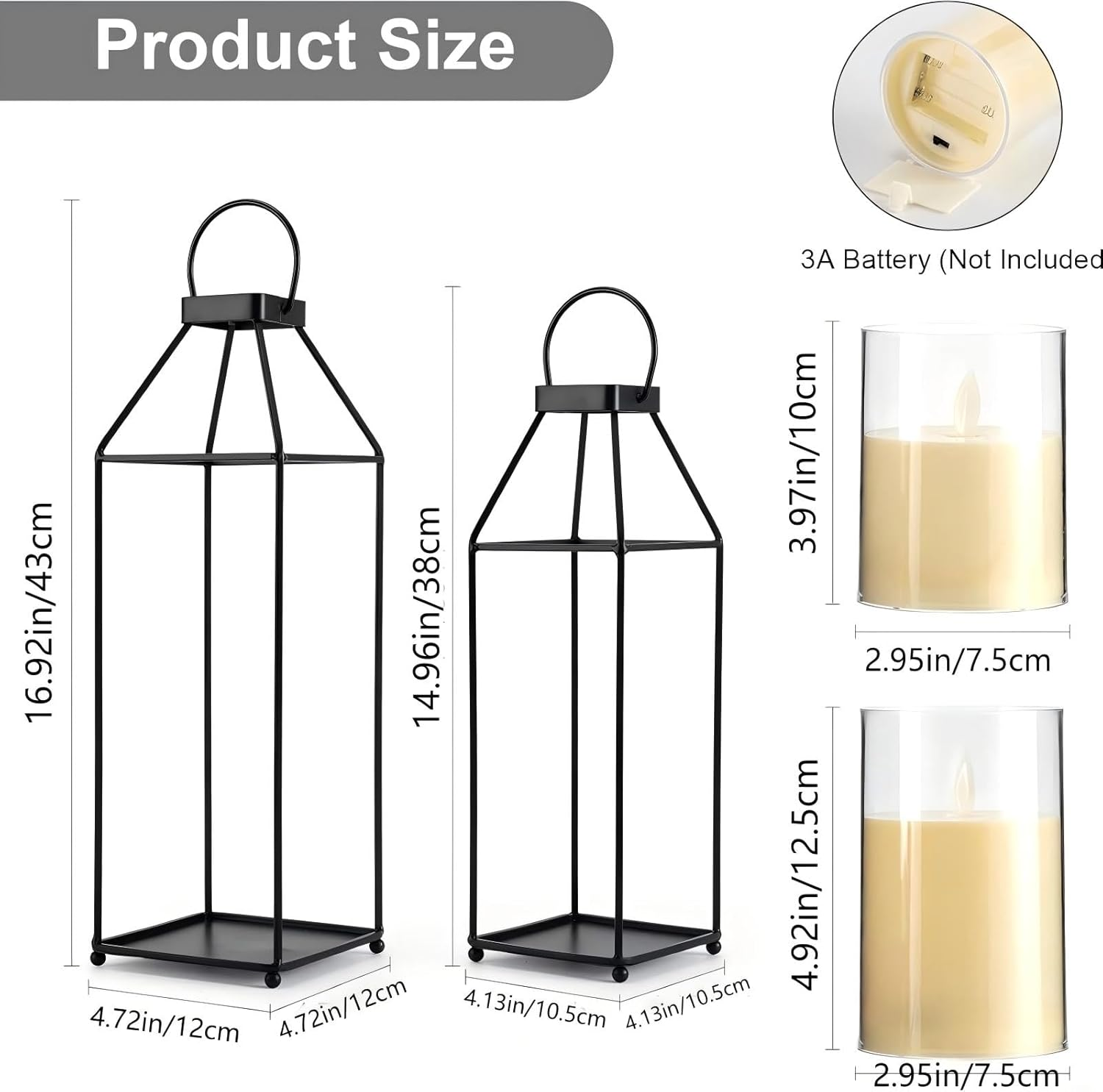 Decor Lantern, Metal Candle Lanterns 2 PCS Set, Decorative Lanterns with 2 Flameless LED Candles for Home Decor, Parties & Events(Black) image number 3