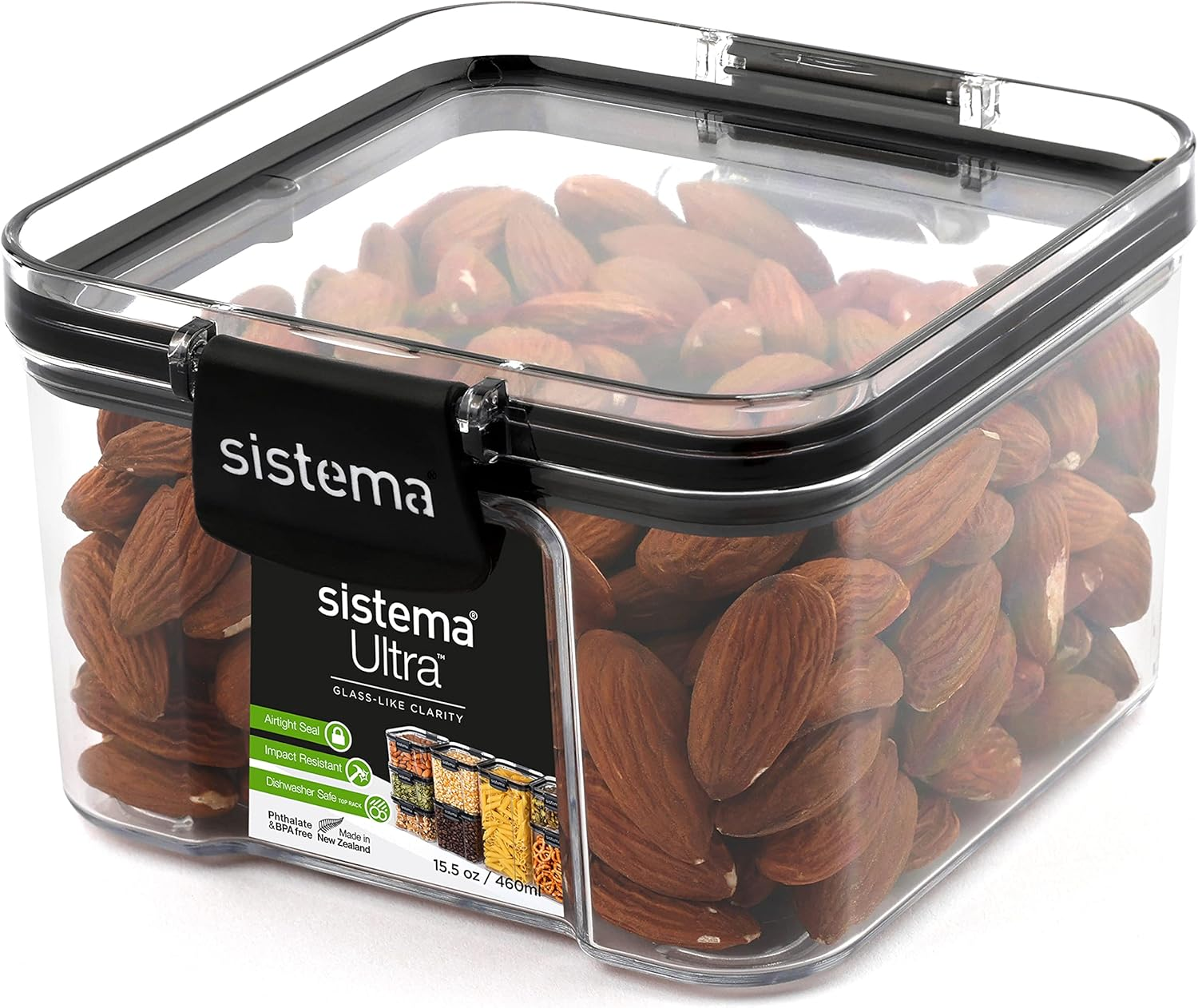 Sistema Ultra Tritan Airtight Pantry Storage Container | 400 Ml Square Food Storage Container | Stackable | with Locking Clips | Bpa-Free | Clear with Black Accents