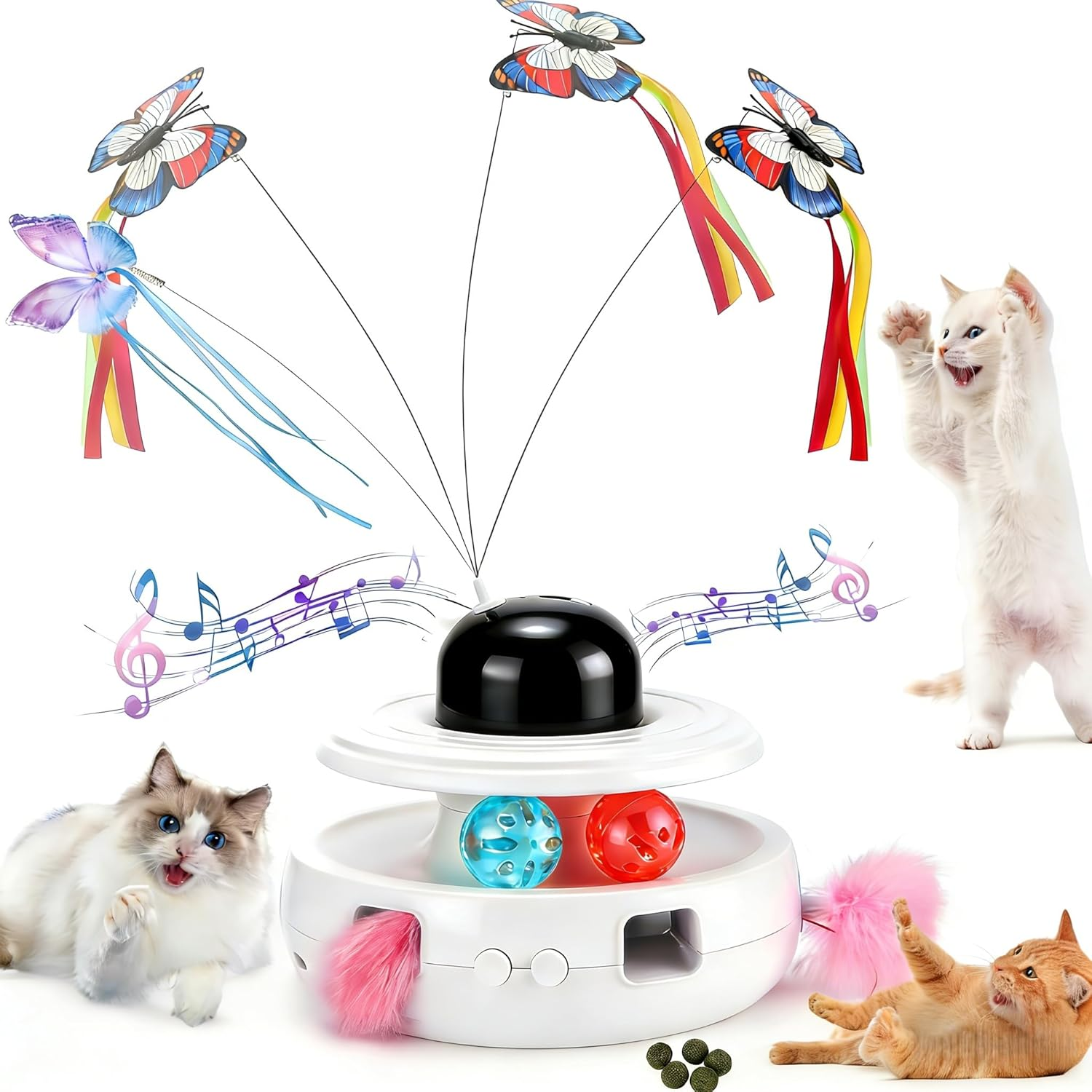 Interactive Cat Toys, 5-In-1 Indoor Automatic Cat Toy, Rechargeable, Safe, Silent,Intelligent Activation, Featuring Lights, Ball, Butterfly, Bird Sound, Feather, Rechargeable, Suitable for All Cat image number 5