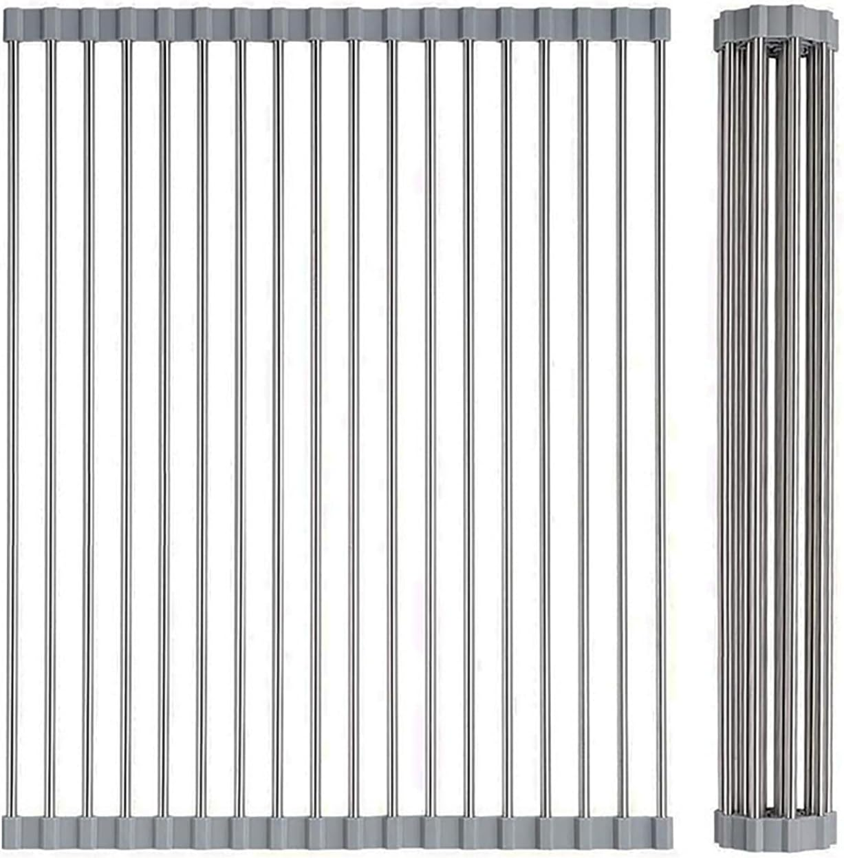 Roll up Dish Drying Rack, Foldable Stainless Steel over Sink Drainer Mat, 43Cm(L) X 35Cm (W), Space-Saving Kitchen Counter Dish Drainers for Dishes, Fruits, Vegetables (Grey)