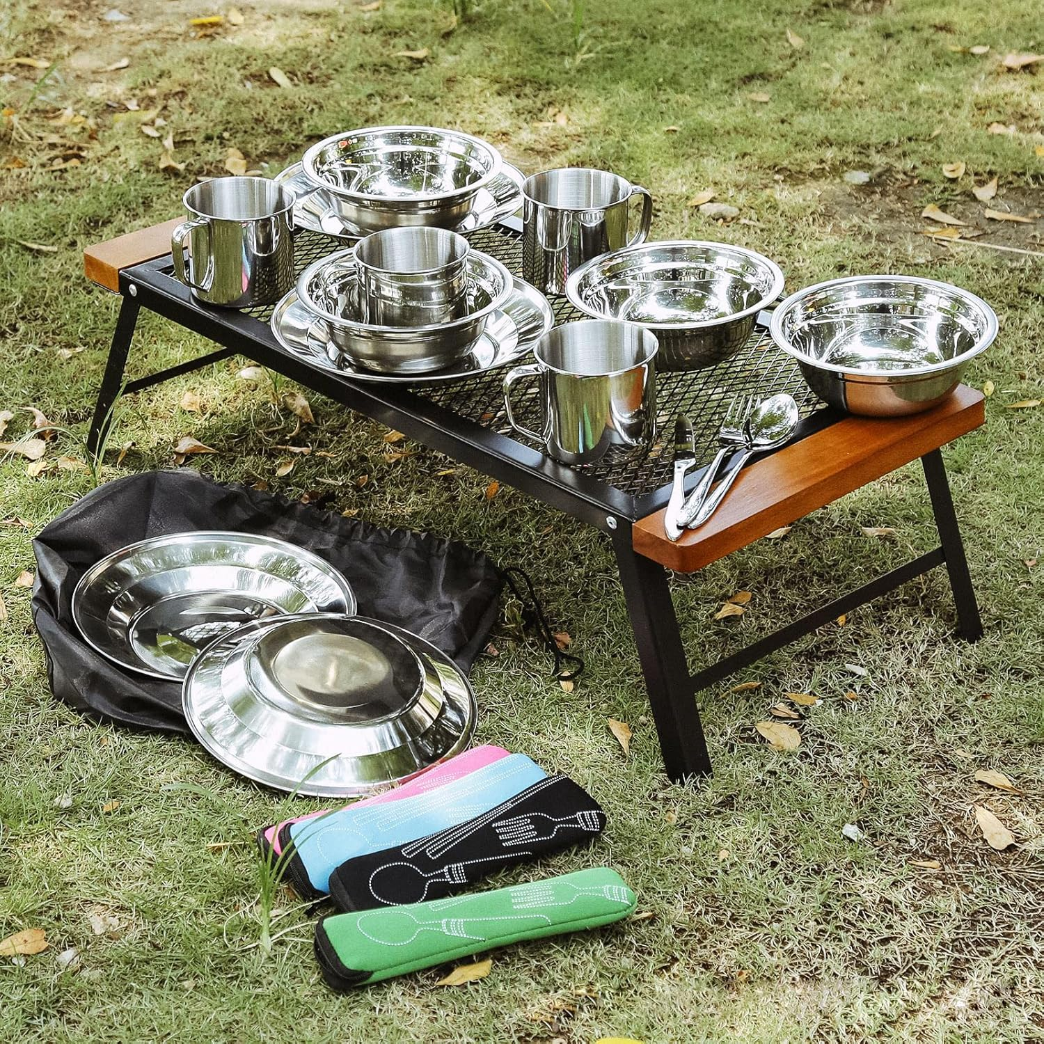 Jorunhe 29Pcs Outdoor Camping Tableware Kit Stainless Steel Tableware Mess Kit Includes Plate Bowl Cup Spoon Fork Knife in Mesh Bags for Camping Backpacking & Hiking for 4 Person Silver image number 6