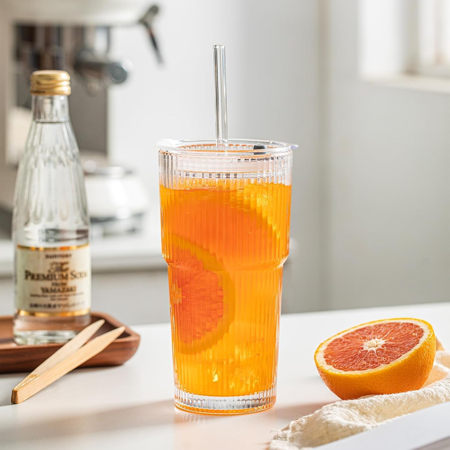 HAUNDRY 20Oz Glass Tumblers with Lids and Straws, Set of 2 - Stylish Ribbed Design Drinking Glasses for Iced Coffee Cups, Juice, Smoothies, Cold Beverages, Includes Cleaning Brush, Durable Glassware image number 1