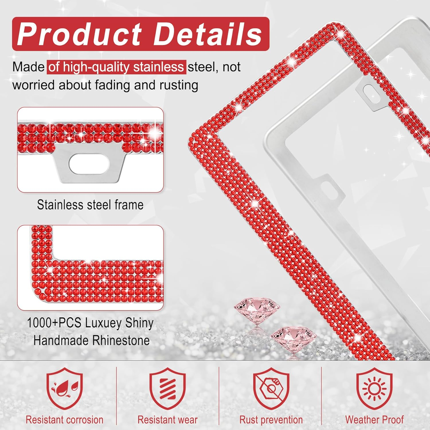 Amiss Bling Number Plate Cover Frame for Women, 2Pack Rhinestone Handcrafted Crystal Premium Stainless Steel Car Accessories with Diamond Sparkle Glitter Caps (Red) - 2, Red image number 2