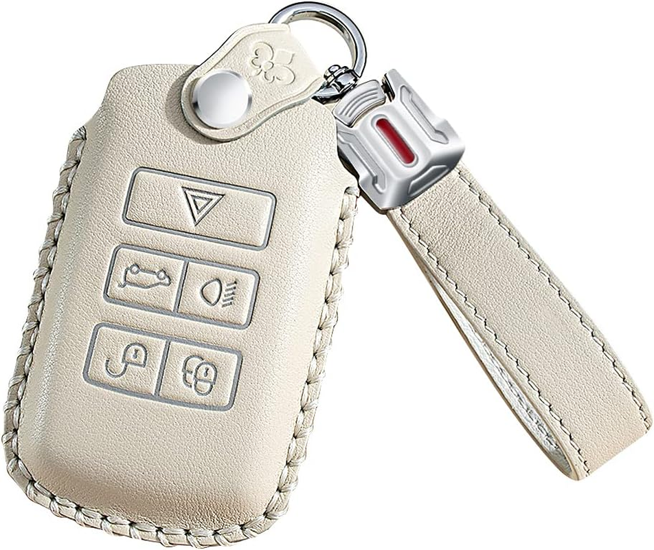 Ontto Leather Car Key Fob Cover Keyring for Land Rover Defender Discovery Evoque LR4 Range Rover Sport Jaguar 5-Buttons Accessories Key Case Keychain Remote Key Shell Key Holder Protector Beige A