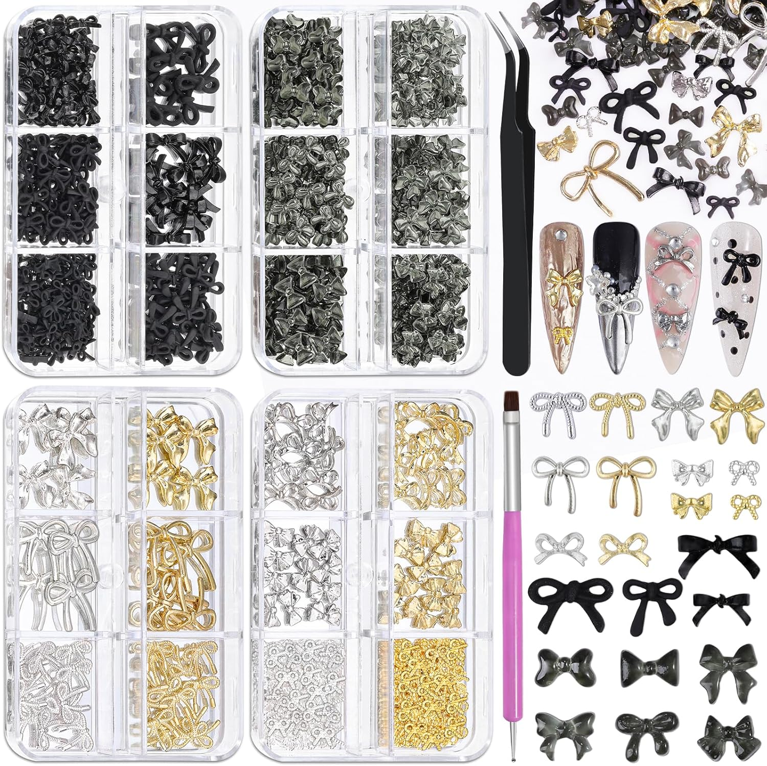 4 Boxes 3D Bow Nail Charms, Black/Silver/Gold Bows Charms Cute Resin Nail Bow Assorted Luxury Metal Bowknots with Pickup Tools for Women Nails Design Crafts DIY