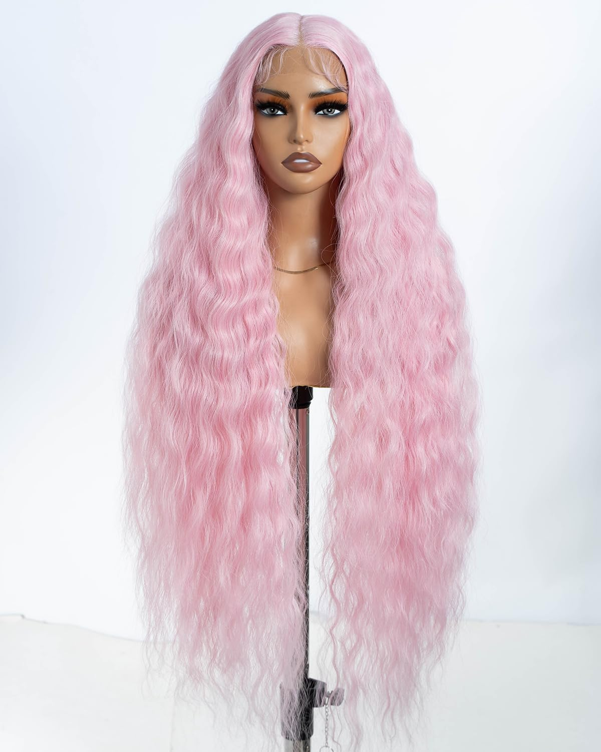 Style Icon Pink Super Long Lace Front Wig 104 Cm Long Curly Wig for Women Super Long Wavy Synthetic Lace Wig T Part Lace Wig Heat Resistant Fibre image number 2