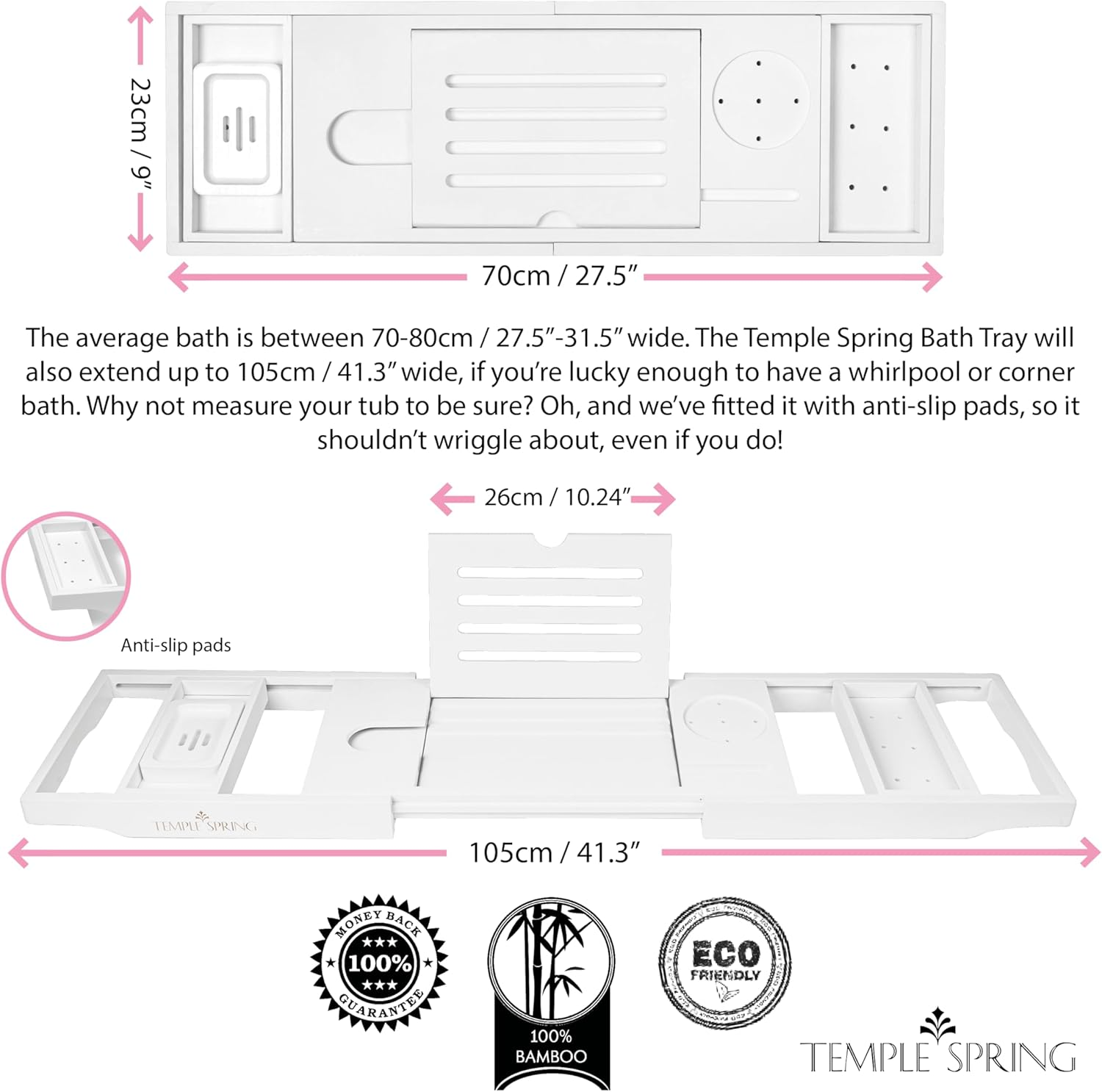 Temple Spring Wooden Bath Tray, Bath Shelf Bathroom Accessory, Home Spa Boards for Adults, Bathtub Caddy, Bamboo Bathroom Accessories Set, Extendable Bathtub Rack with Ipad & Phone Holder - White - Brown image number 2