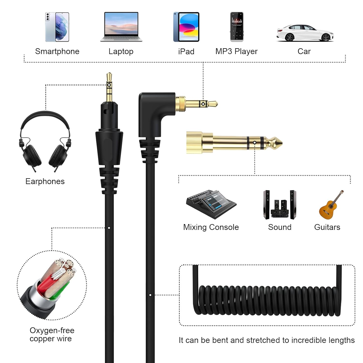 Sqrmekoko Premium 4-Pole DJ Audio Headphone Cable, Compatible with Pioneer HDJ-X5/X7/S7/CUE1, Extended Coiled Spring Wire for Djs and Audio Equipment image number 2
