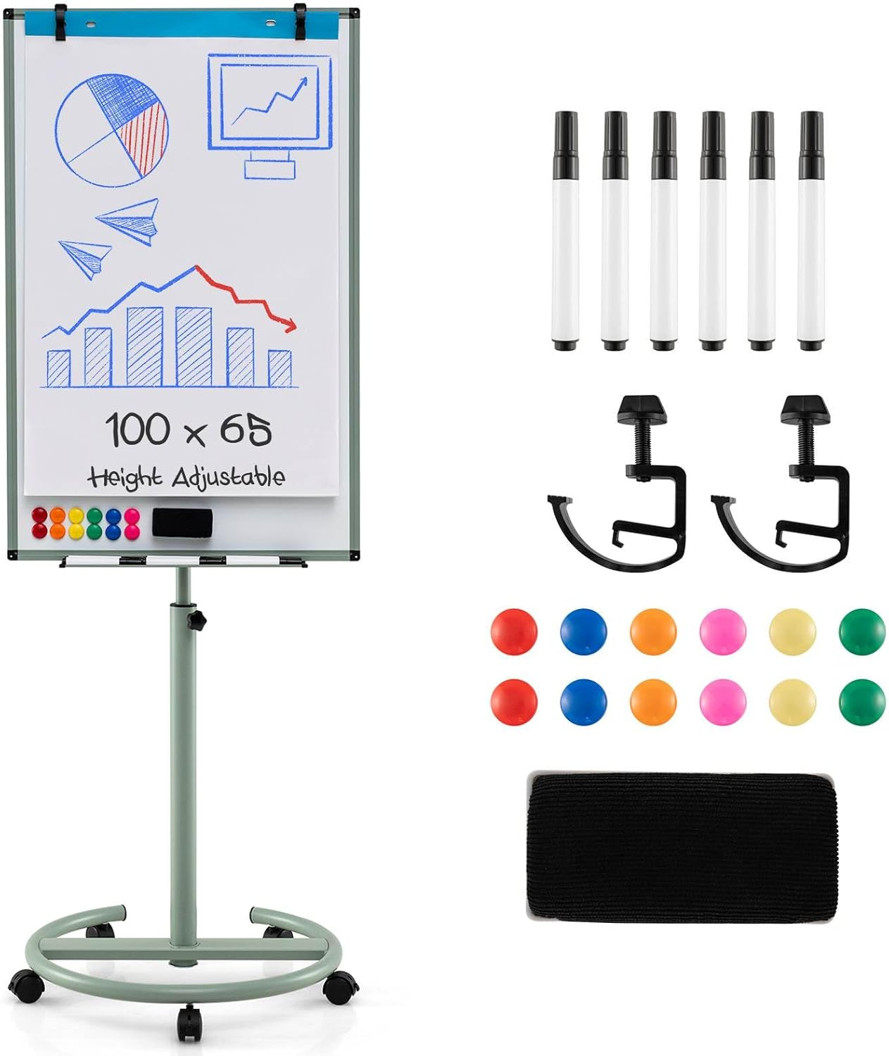 Costway 90 X 120 Cm Mobile Magnetic Whiteboard, Double-Sided Reversible & Lockable Free-Standing Whiteboard, Adjustable-Height, 360&deg; Rolling Dry Erase Board with Flip Chart for School, Office, Home