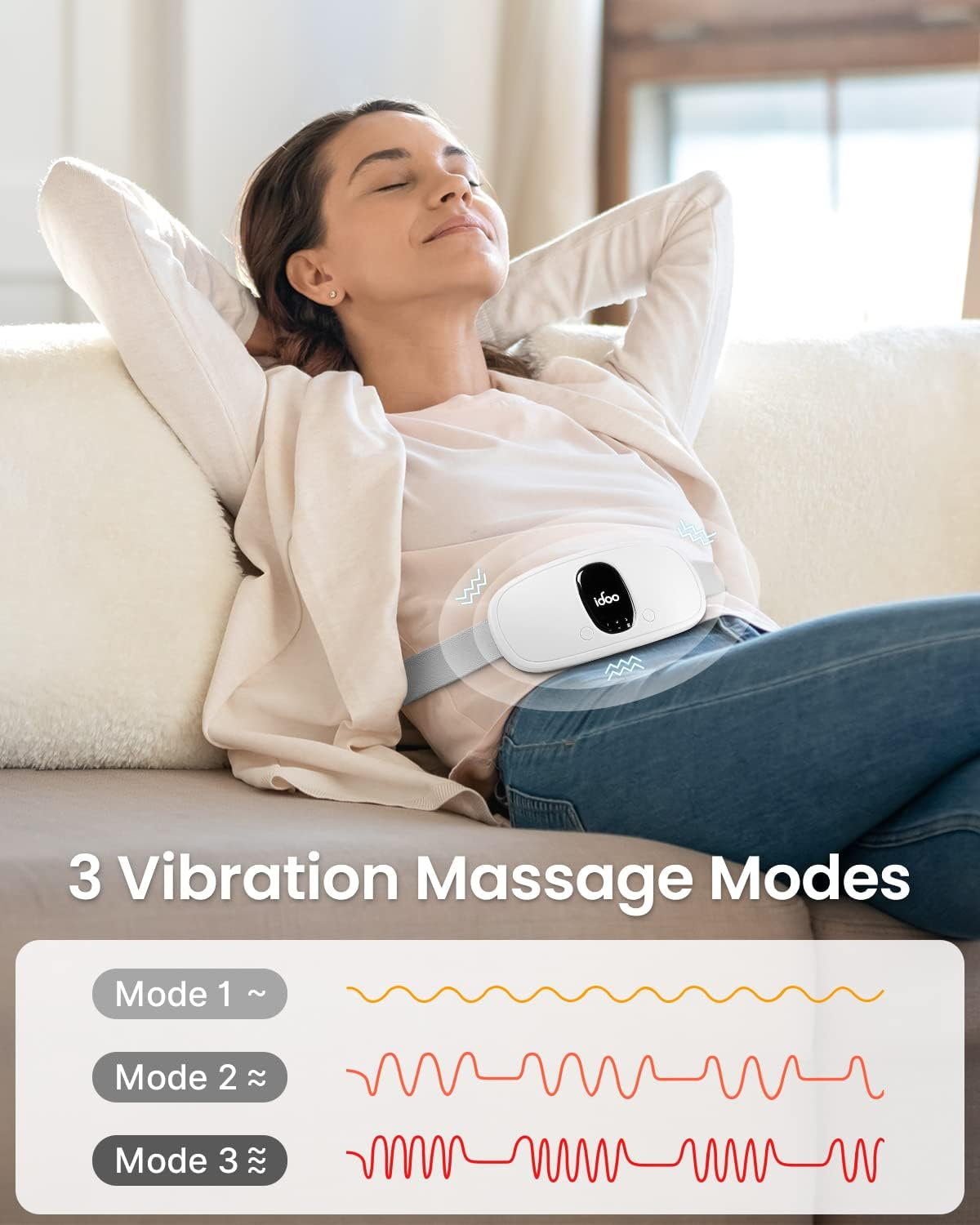 Idoo Heating Pad for Cramps, Cordless Portable Menstrual Heating Pad for Pain Relief with 3 Heat Levels and 3 Vibration Massage Modes, Fast Back or Belly Heating, Ideal Gifts for Women, Girls (White) image number 1