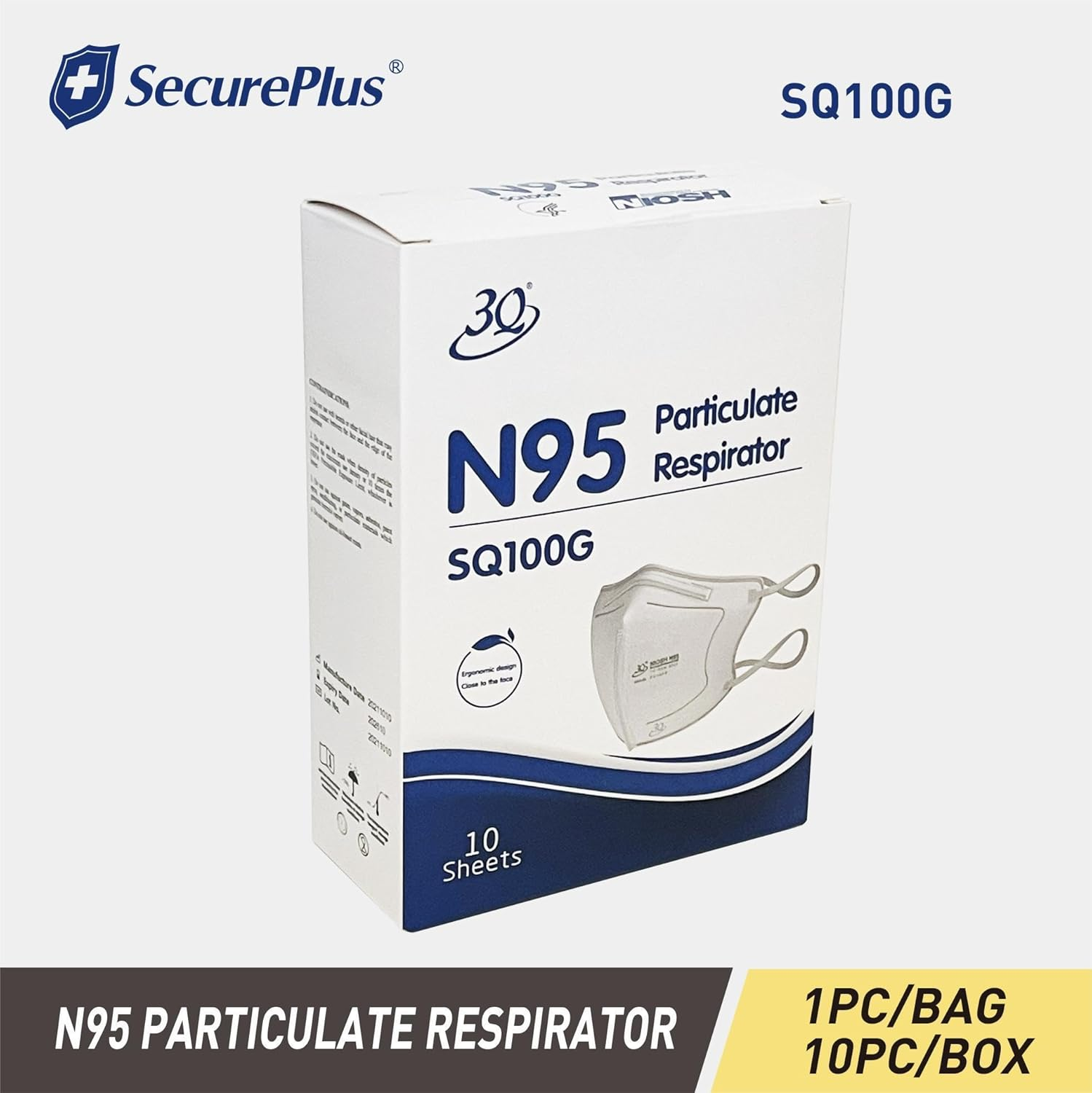 SECURE plus N95 Mask Breathable Filtration Efficiency &ge; 95% Particulate Respirator Dustproof Disposable Mask anti PM2.5 (10, White) image number 2
