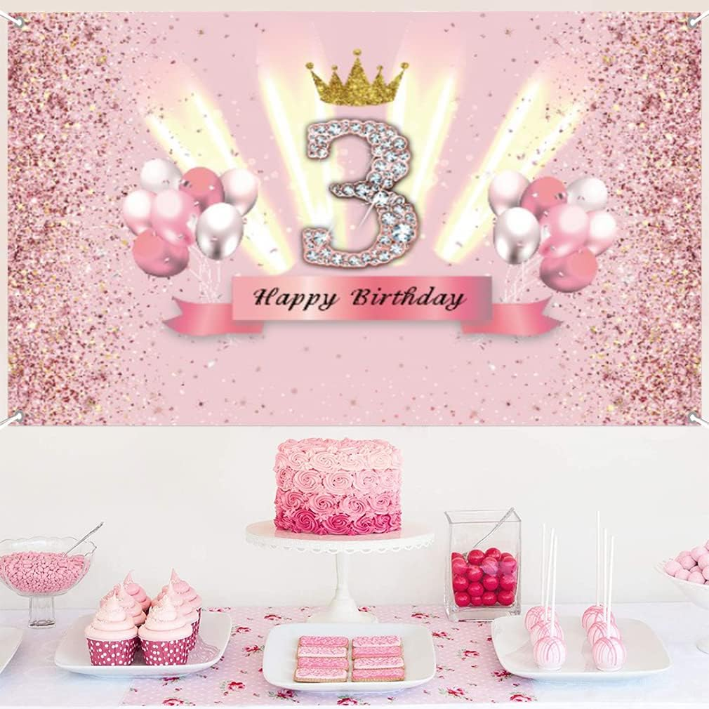 3Rd Birthday Decorations for Girls Happy 3Rd Birthday Backdrop Banner Party Deco Girl 3 Years Old Anniversary Party Fabric Sign Poster Pink Photo Background 3Rd Birthday Party Supplies, 59"X35.4" image number 2