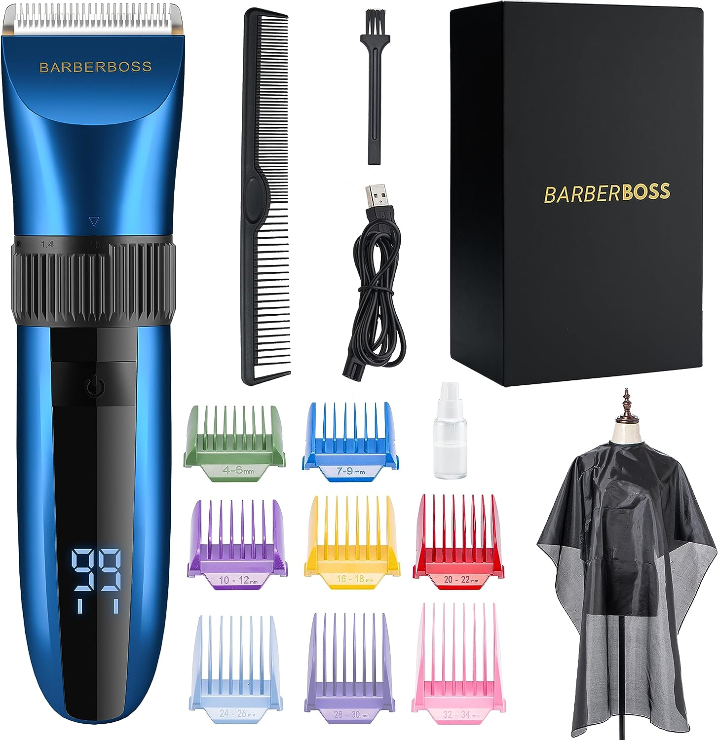 Barberboss Wireless Self Sharpening Beard and Hair Trimmer Waterproof with Ceramic Blades LED Display Quick Charge and 8 Color Comb Attachments QR-2082 image number 3