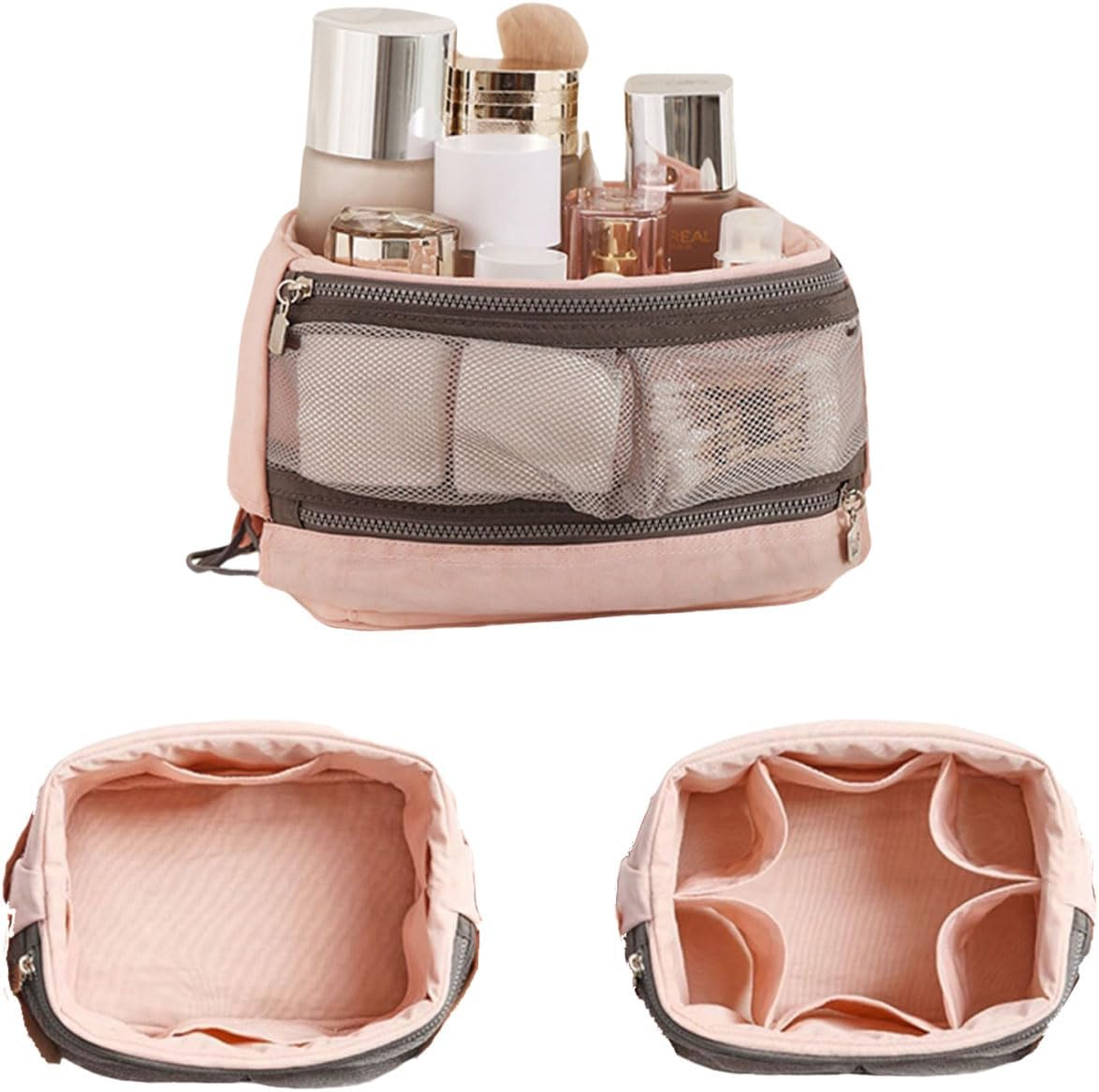 DDPOND Large-Mouth Cosmetic Bag,Portable Toiletry Pouch,Large Capacity Travel Makeup for Purse (Grey)