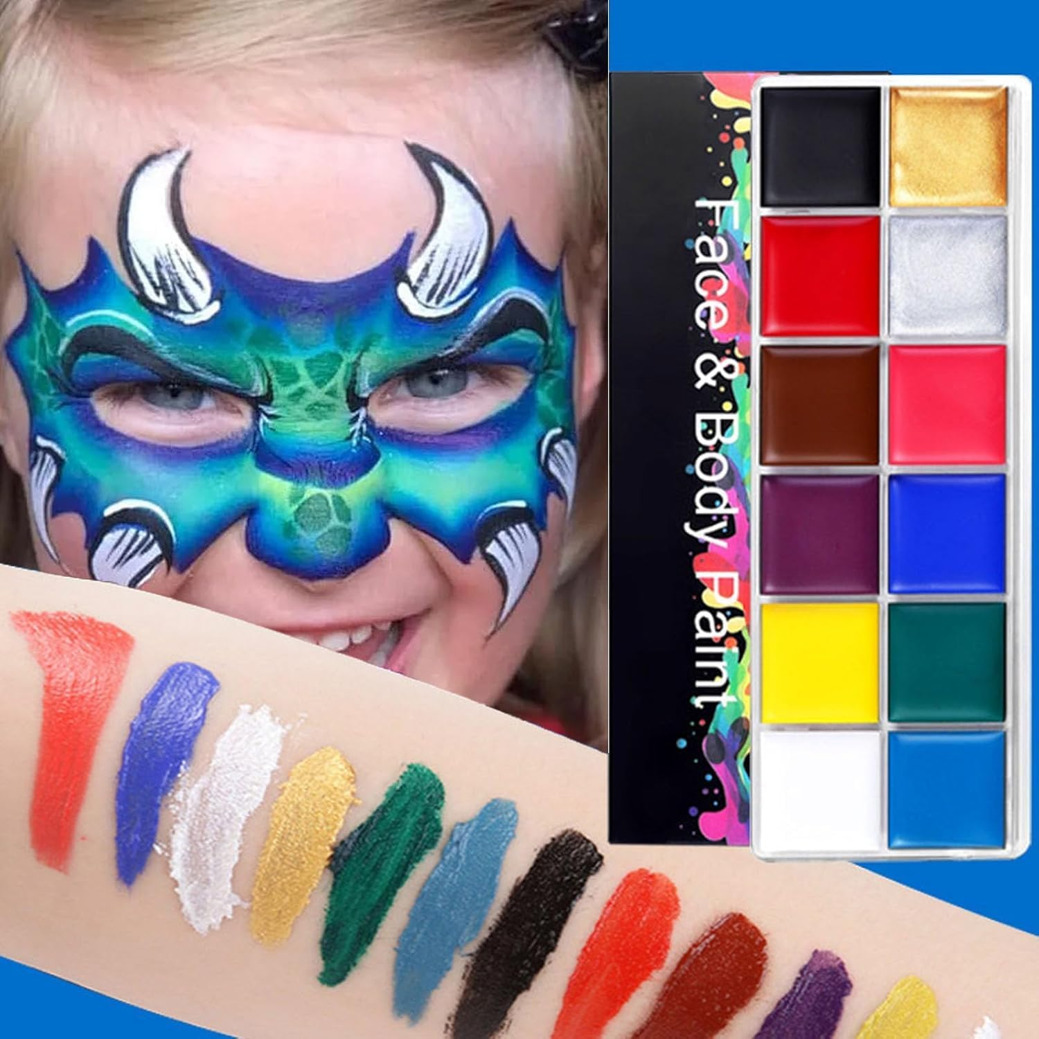 12 Color Face Painting Kit, Professional Body Paint Palette Set, Matte Shimmer Washable Make up Palettes with Brush, Professional Face Paint for Festivals Parties Halloween Makeup Cosplay image number 1