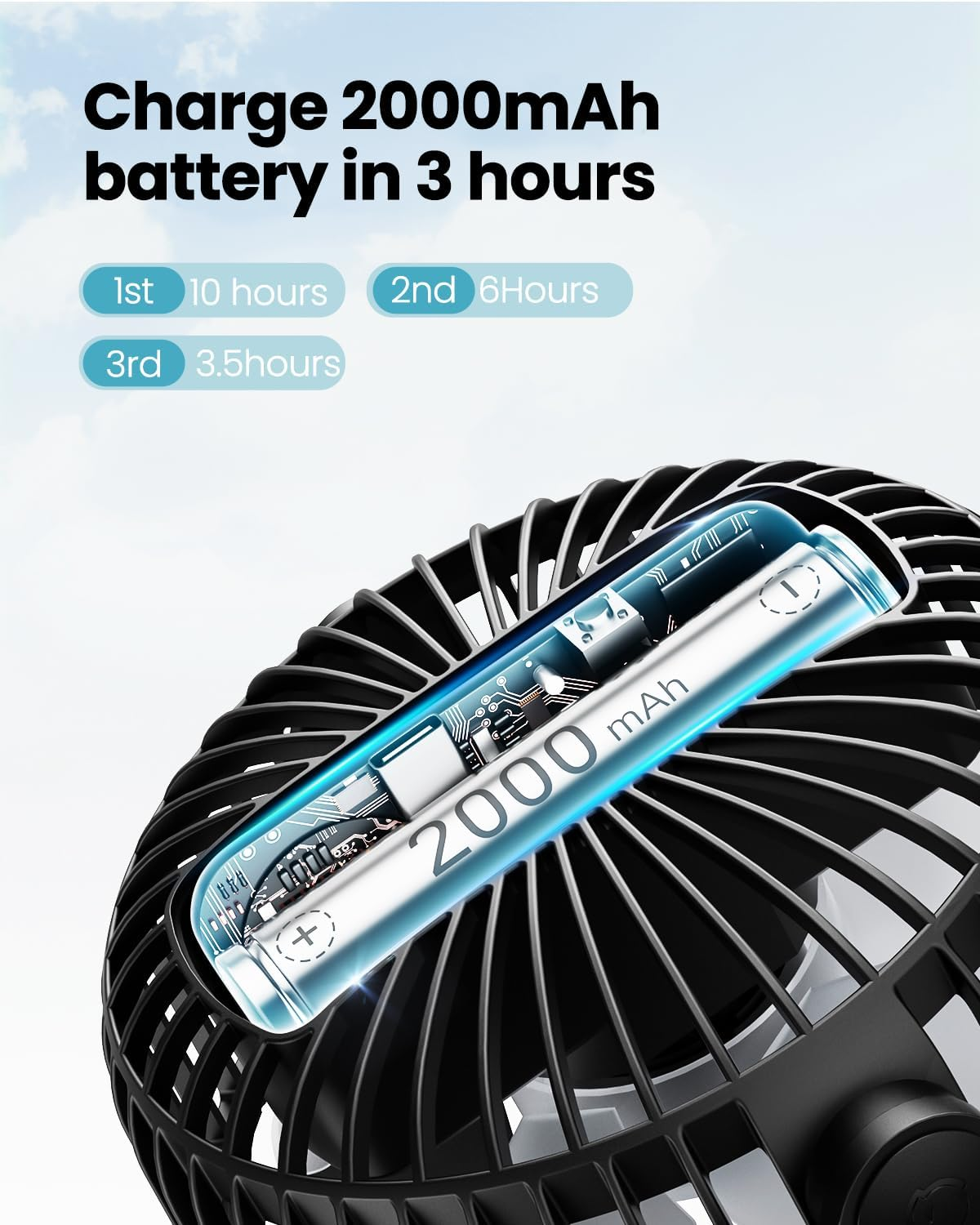 Gaiatop Mini Portable Stroller Fan, Battery Operated Small Clip on Fan, Detachable 3 Speed Rechargeable 360&deg; Rotate Flexible Tripod Cooling Fan for Car Seat Crib Treadmill Travel Black - Blue image number 7