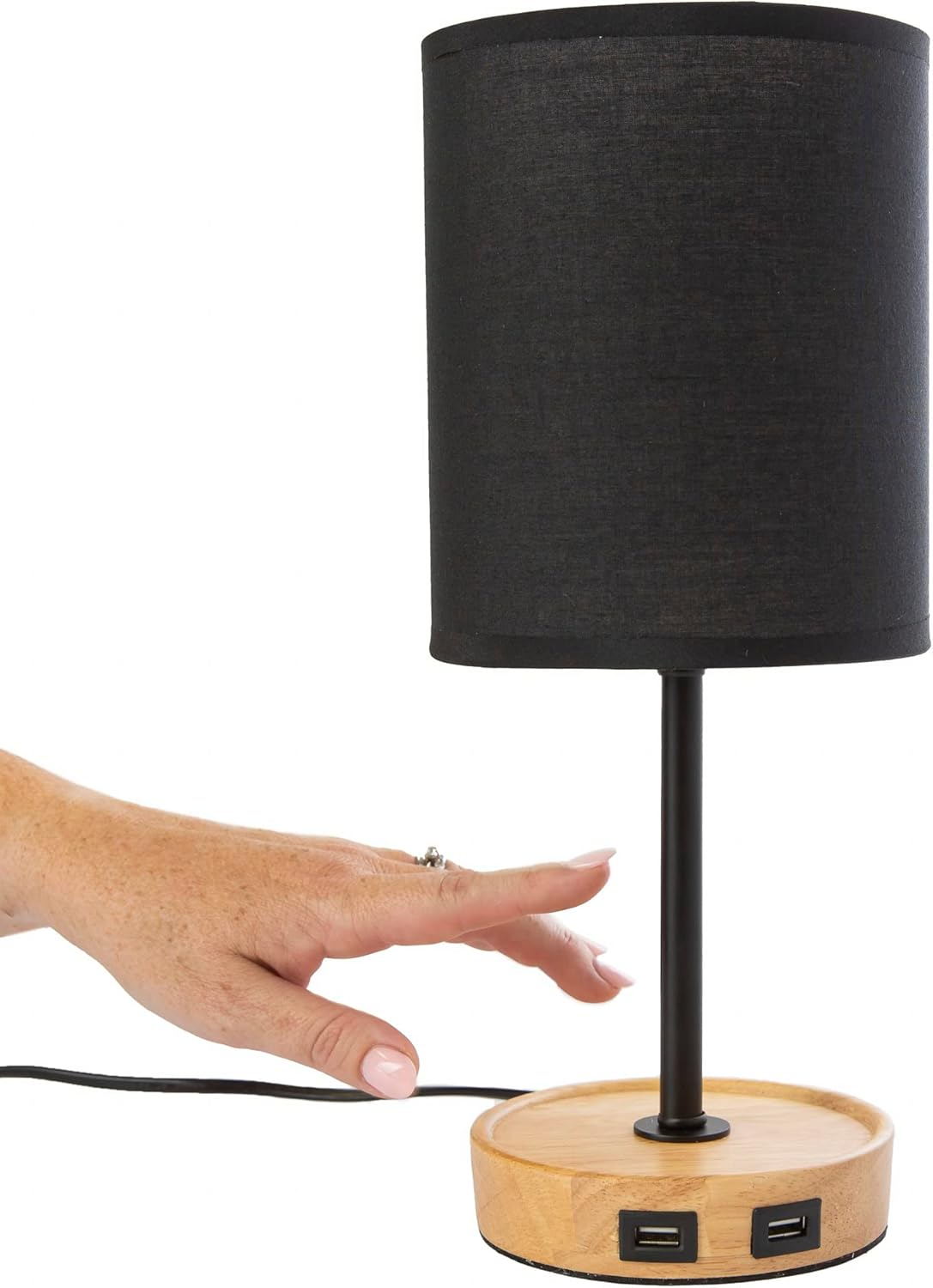 Bedside Lamp with 2 USB Ports and Touch Control. Modern Table Lamp, Desk Light. Wood Base and Fabric Shade for Living Room, Home Office, Bedroom, Hallway, Study and Kids Rooms (Black) image number 6