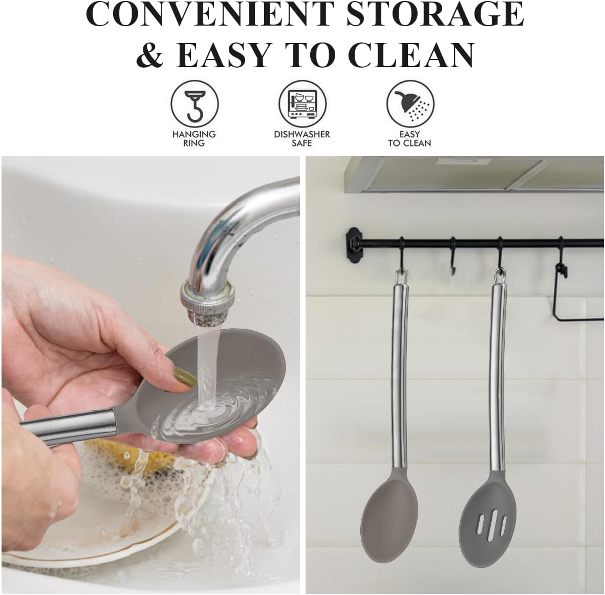 Silicone Cooking Spoon Set, Reanea Solid Spoon, Slotted Spoon, Heat Resistant Handle, Kitchen Spoon for Nonstick Cookware, Dishwasher Safe, Easy to Clean