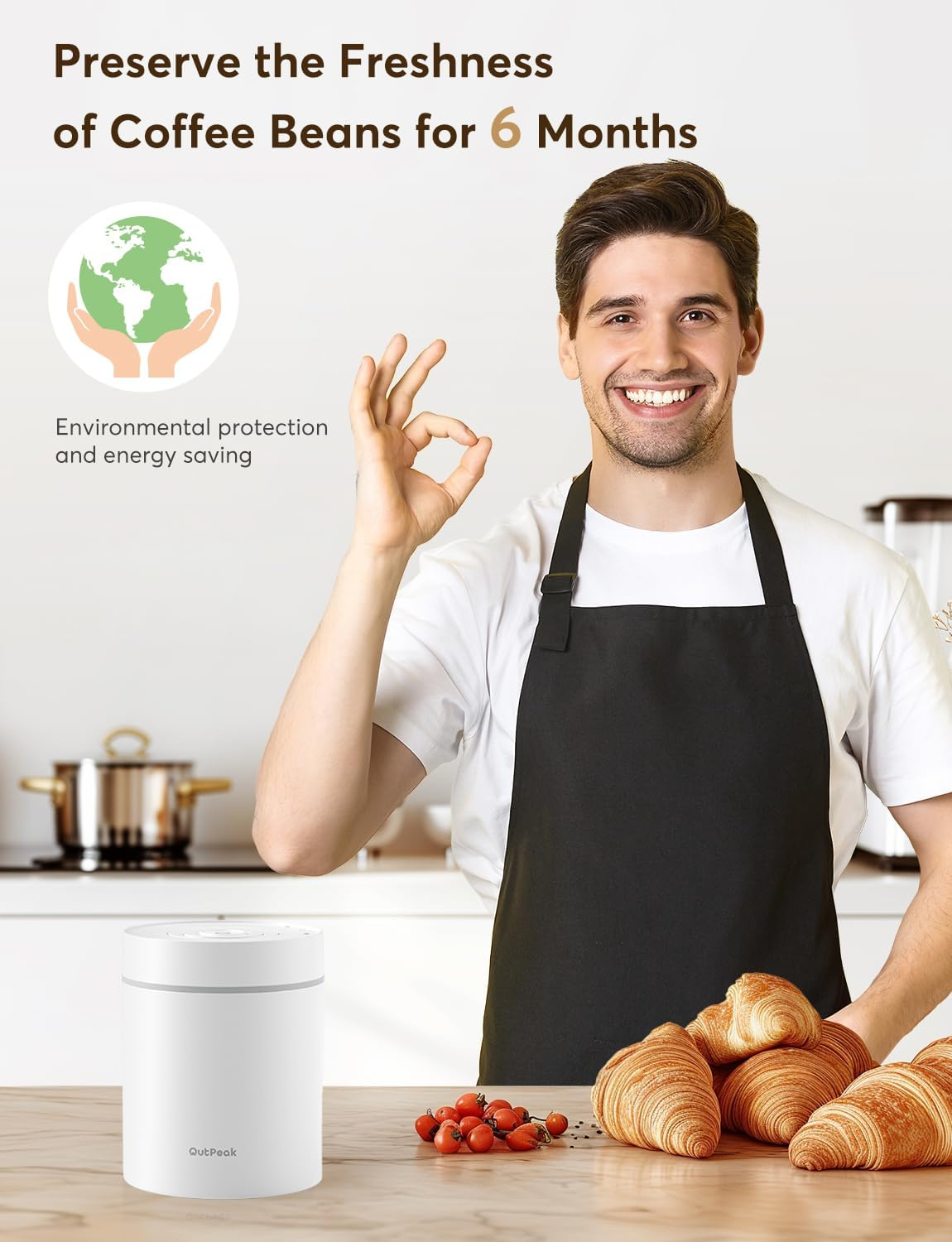 OUTPEAK Kilo Automatic Vacuum Coffee Canister, 1.8L for 600G Coffee Beans, One Button Operation, Stainless Steel Container with Spoon, 6 Months Fresh Storage Container