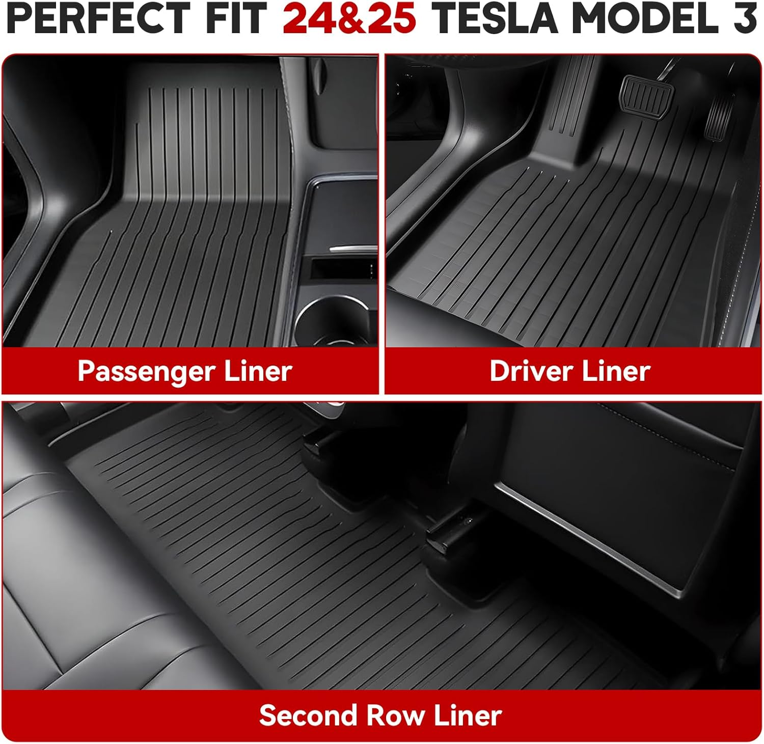 MCEVKELN 2024-2025 Tesla Model 3 Highland Floor Mats- Custom Fit All Weather TPE Cargo Liner Cargo Trunk Accessories,Compatible(Model 3 Full Floor Mat Kit Set of 6) image number 5
