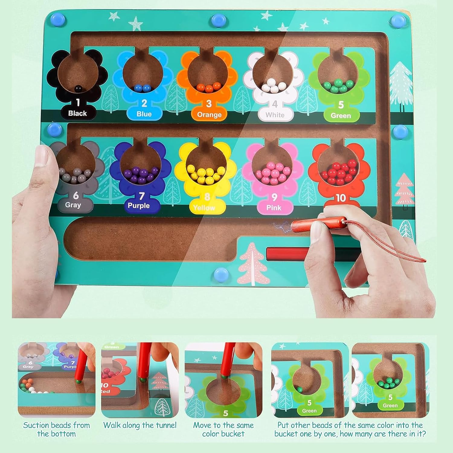 Magnetic Color and Number Maze，Montessori Wooden Magnet Board Puzzles Toddler Activities Counting Matching Games，Fine Motor Skills Preschool Learning Education Toys for Boys Girls (Flower) image number 2