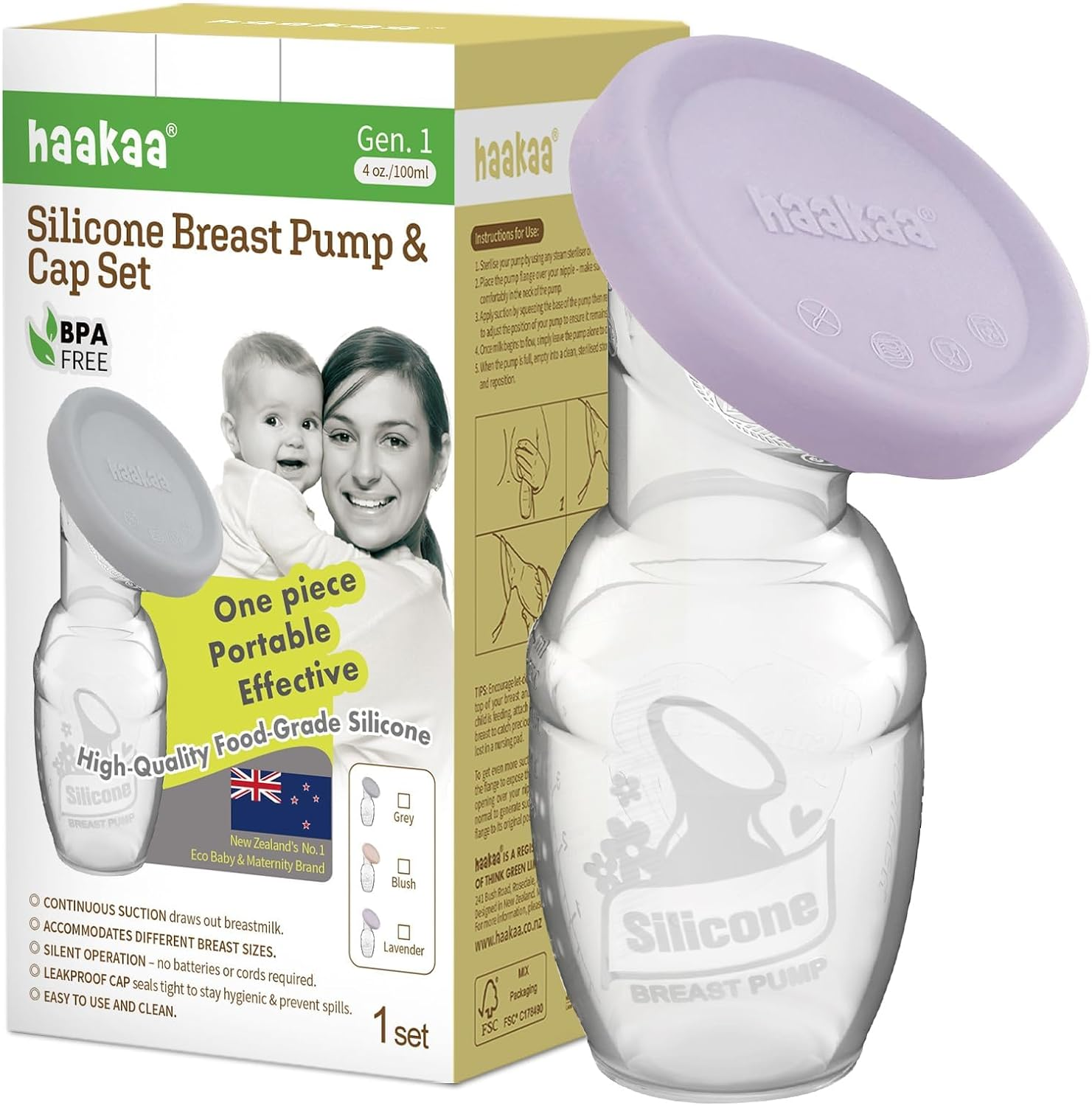 Haakaa Manual Breast Pump with Lavender Gap, Breastmilk Collector Breastfeeding Pump (4Oz/100Ml)