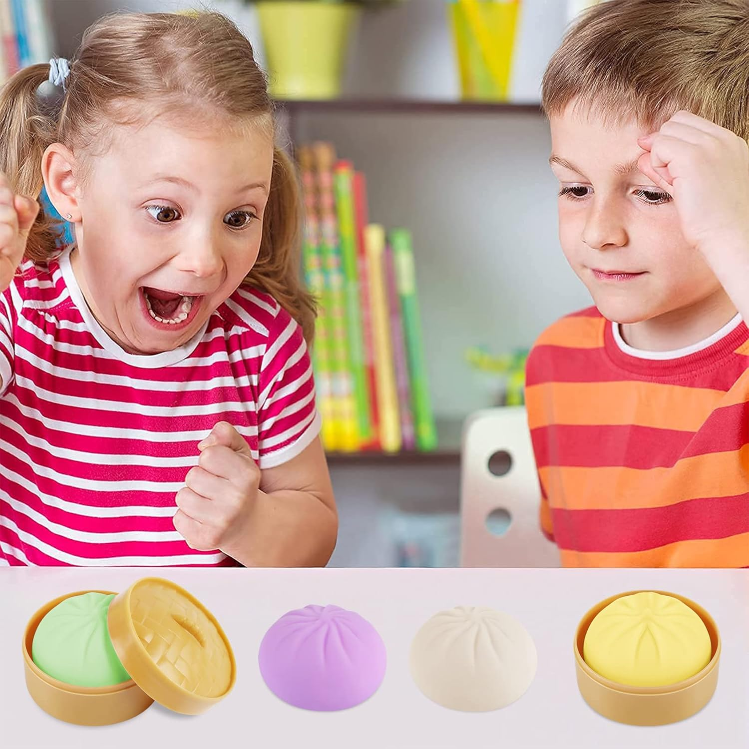 4 PCS Colorful Dumpling Squishy Stress Balls Fidget Sensory Toys,Simulation Food Squishies Bun with Little Steamer Squeeze Dough Ball Stress Relief Hand Toy,Anti-Anxiety Stretchy Toy for Kids Adult image number 3