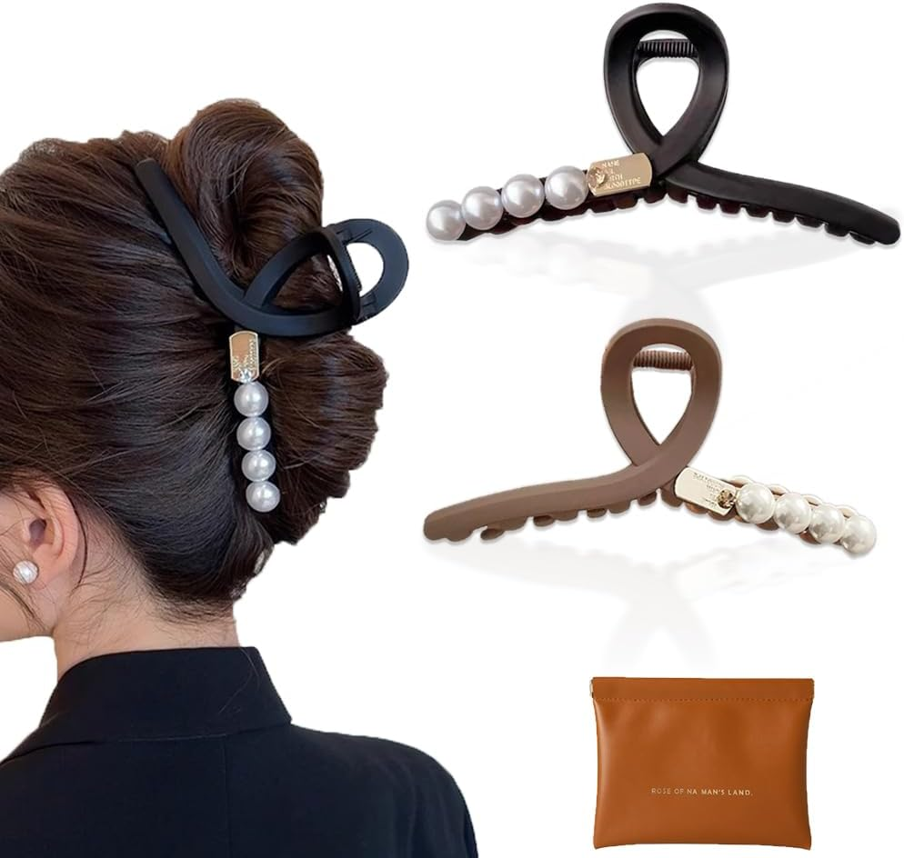 2 Pack Large Pearl Hair Claw Clips for Women - Strong Hold, Nonslip, Jumbo Hair Accessories for Thick, Thin, Curly Hair - Black and Brown Hair Clips with Storage Bag image number 3