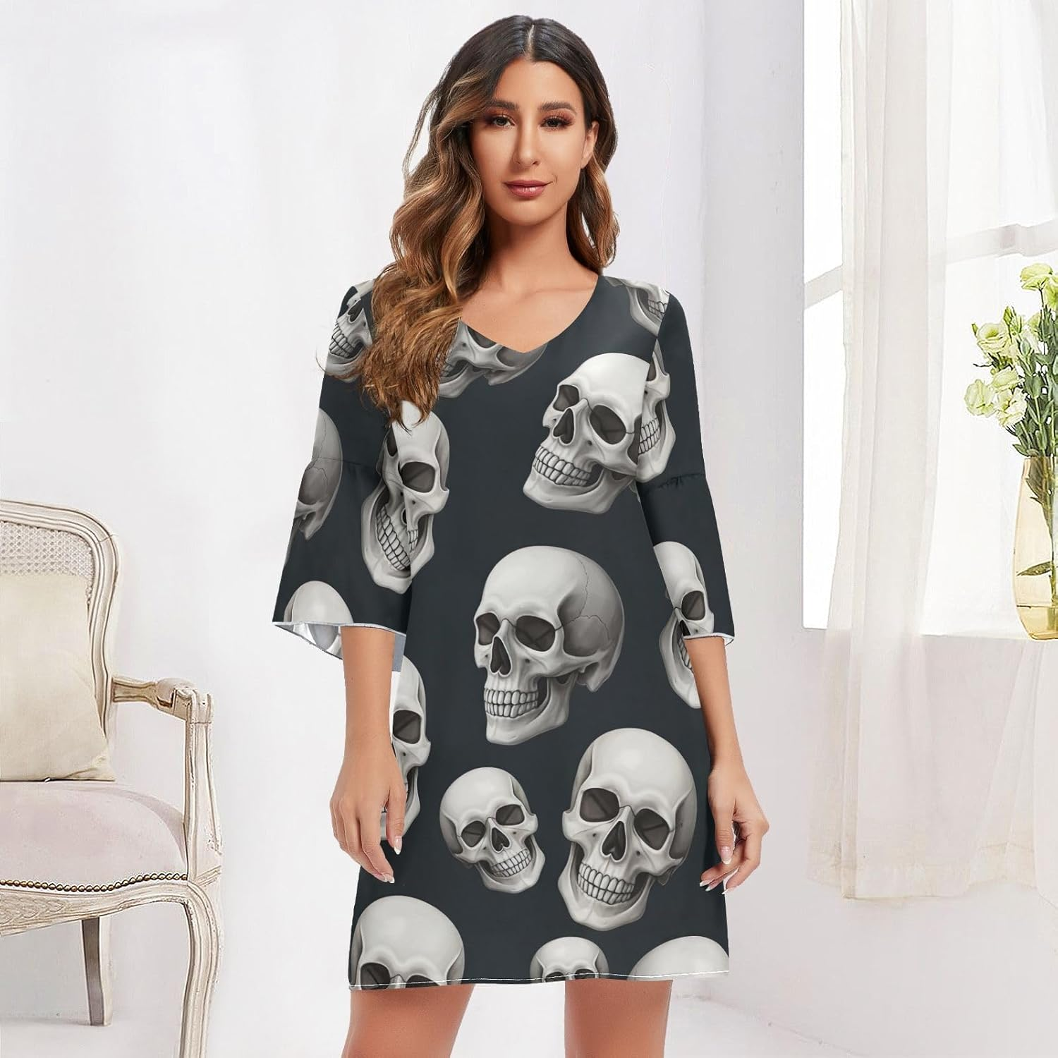 Black White Skulls Chiffon Dress Printed Line Maternity Dress