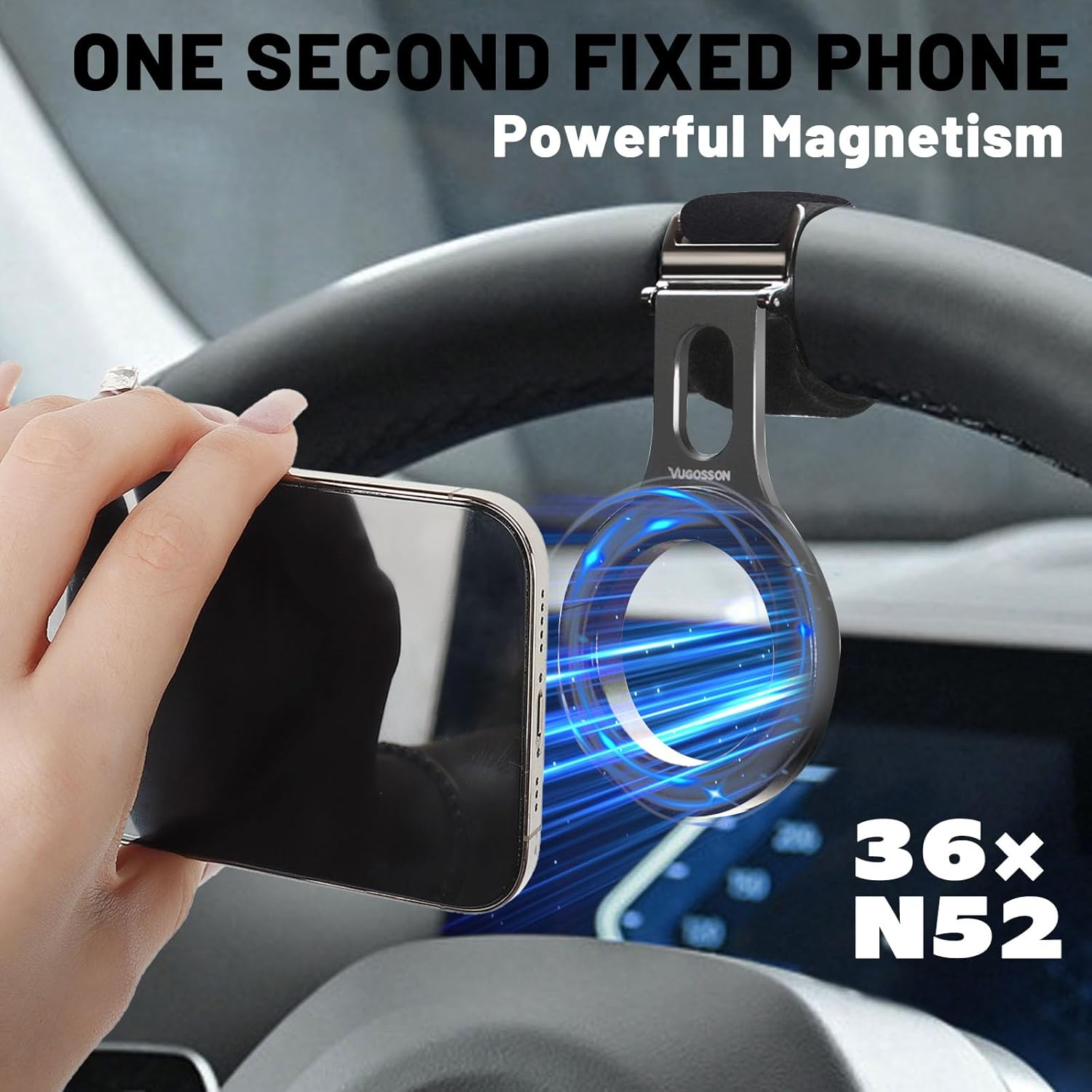 Magnetic Phone Holder for Car, Steering Wheel Phone Mount Fits Magsafe Car Mount[Strong Magnet & Aluminum Alloy], Steering Wheel Phone Holder Work on All Phones Iphone Samsung(Magnetic Ring Included) image number 3
