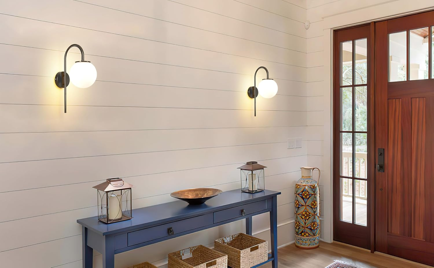 Battery Operated Wall Sconces Set of Two,White Glass round Lampshadewireless Wall Lights Fixtures with Remote Control,6 RGB Color Dimmable,(With Bulbs+Remote Control+Charging Cable) - Black image number 4