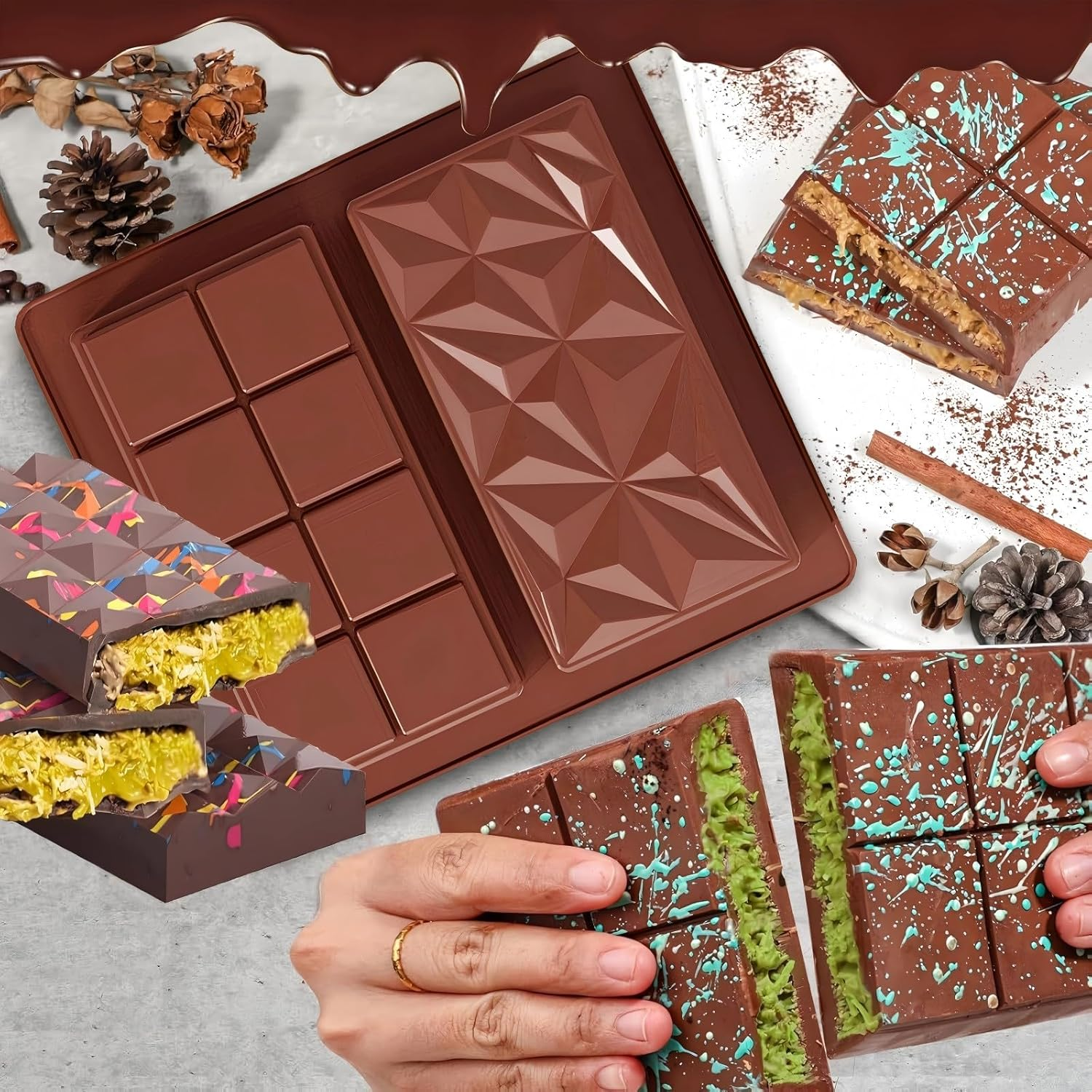 2 Pack Chocolate Bar Mold Deep Dubai 1 Inch Pistachio Chocolate Bar Silicone Thick Mold for Stuffed Bar, Home Kitchen Baking, Holiday Gifts, Wedding Parties Large Candy Bar Mold for Filling - 2 Pack Chocolate image number 3