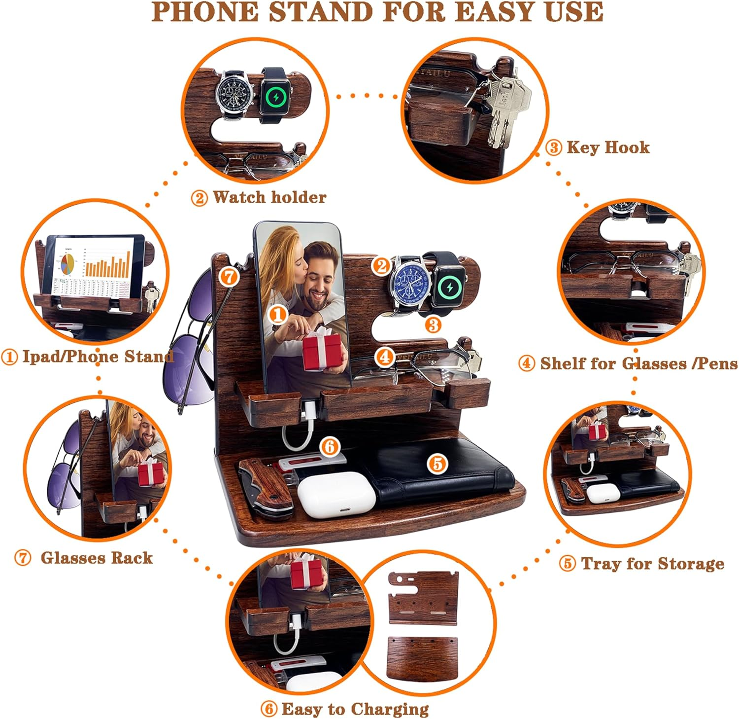 Gifts for Men Women Dad Husband Boyfriend Wood Phone Docking Station Nightstand Organizer for Men Birthday Gifts (Dark Brown) - White image number 3