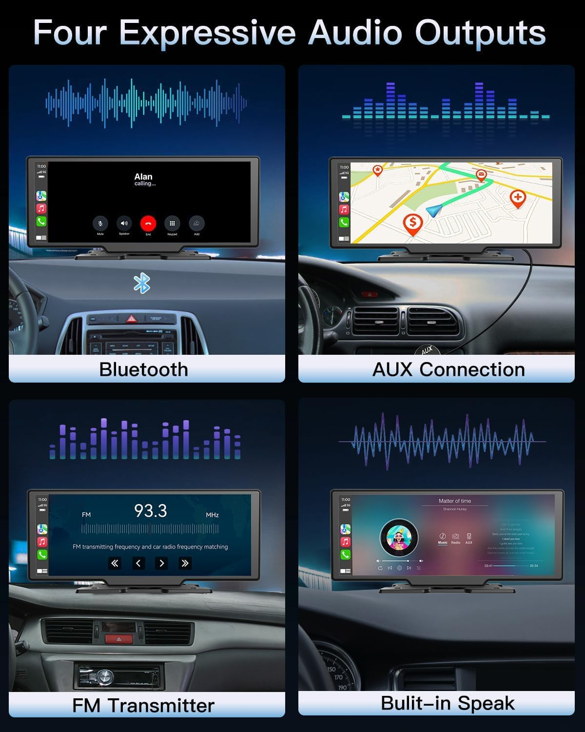 10.26 Inch Portable Wireless Touch Screen Apple Carplay, Android Auto, Mirror Link with 4K Dash Cam, 1080P Camera, GPS Navigation, Bluetooth, Siri/Google Navigation Car Screen for All Vehicles image number 2
