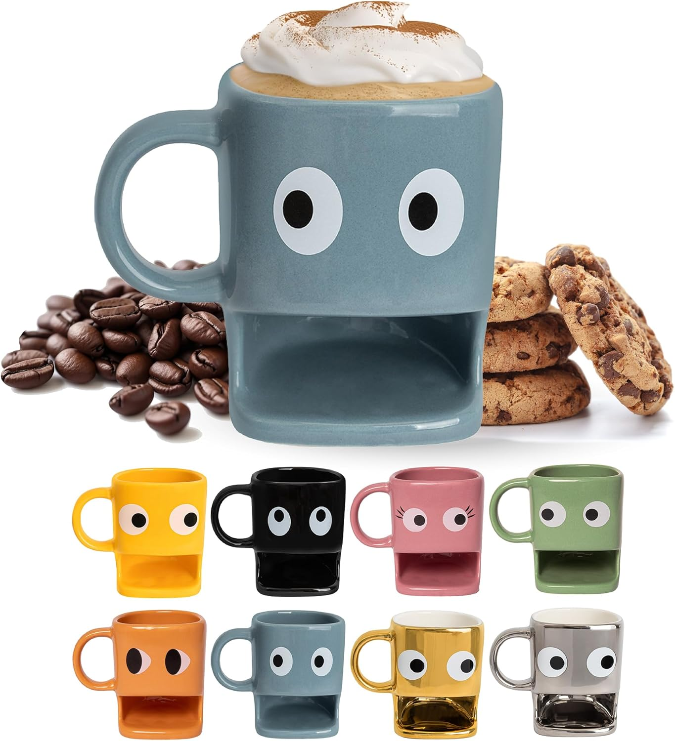 Fisura Original Eyes Mug Blue Mug with Biscuit Compartment Ceramic Mug with Space for Biscuits Capacity 240Ml Original Gift Idea