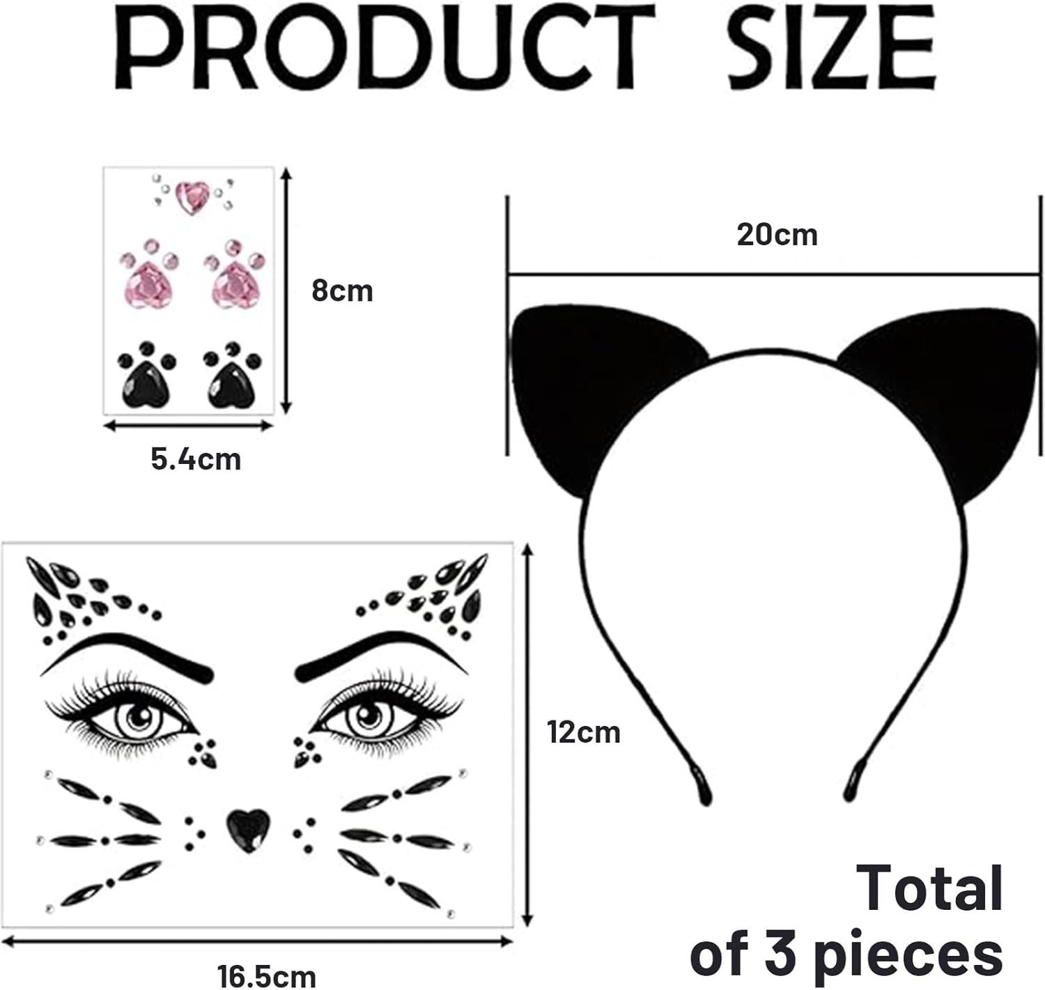 Muorruo 3-Piece Cat Ears Headband Set with Face Jewels, Costume Accessories for Adults, Makeup, Cosplay, Party Accessories image number 3