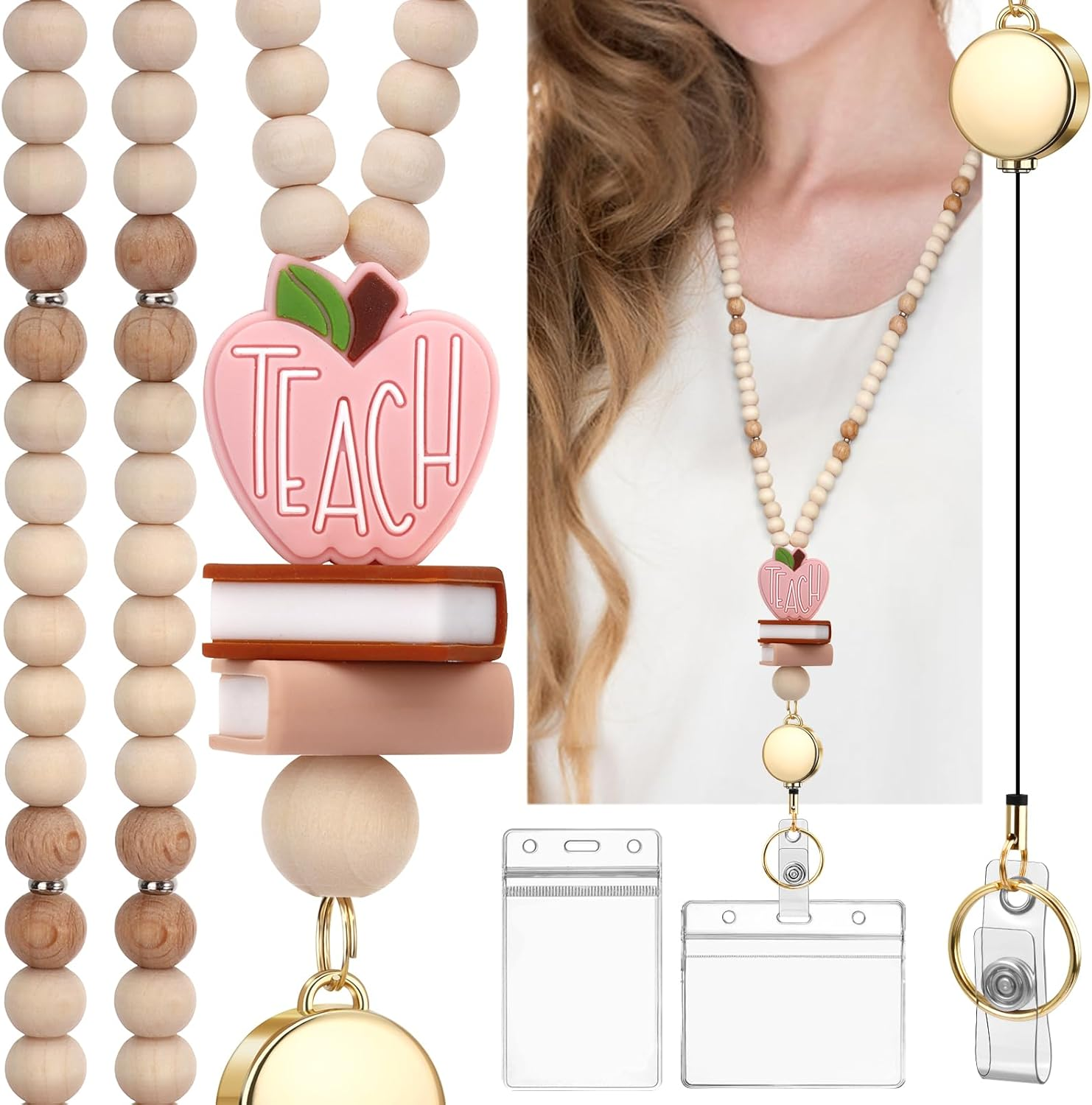 Teacher Lanyard with Id Holder, Cute Lanyards for Id Badges Keys, Retractable Natural Wooden Beaded Lanyard for Women