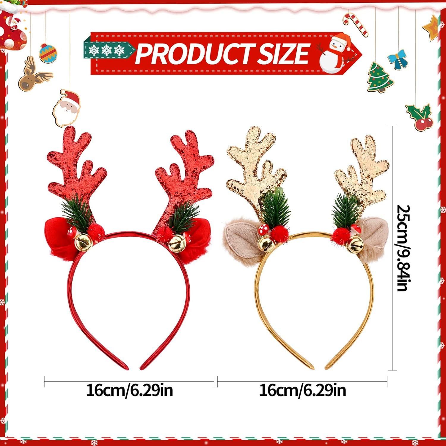 2 Pieces Christmas Headband Reindeer Antler Party Hats Xmas Hair Band Hair Hoop with Ears Christmas Head Hat Toppers Costume Headbands Photos Booth Headwear Party Decoration for Kids Adults image number 5