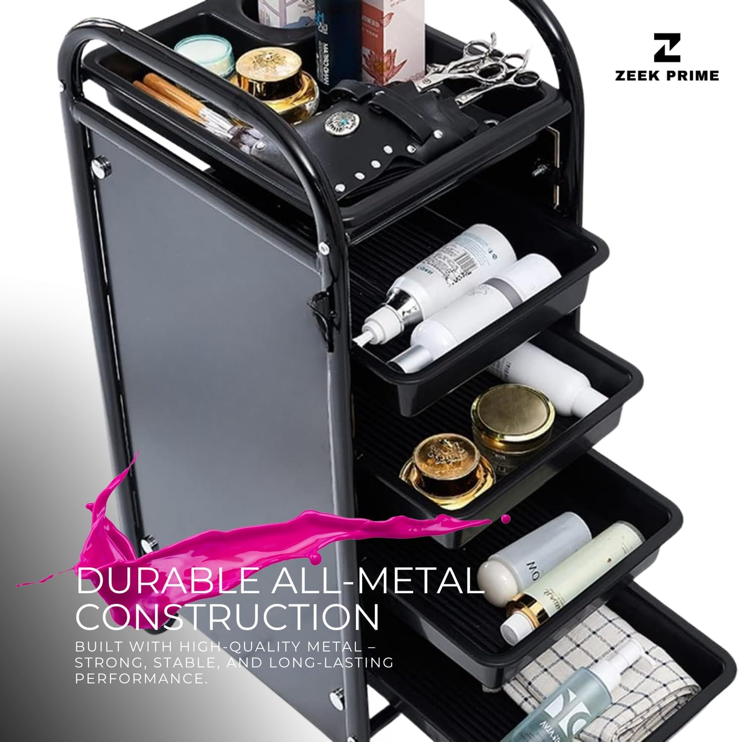 ZEEK PRIME - Hairdressing Trolley with 5 Layers &ndash; Rolling Salon Cart Organizer with Metal Frame, Lockable Wheels & Deep Storage Trays | Black Mobile Beauty Station for Hair Stylists, Barbers. image number 6
