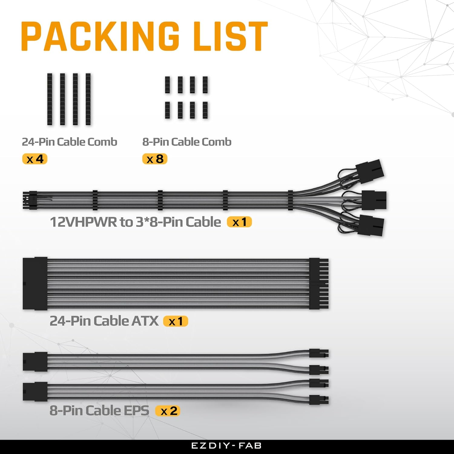 EZDIY-FAB PCIE 5.0 12VHPWR Sleeved Cable Kit, 16AWG Power Supply Cable Extension, PC PSU Sleeved Cables, 24PIN-ATX/(4+4) PIN-EPS/(12+4) PIN to 3X 8 PIN PCIE- Rtx4080/4070Ti - Black/Grey image number 3