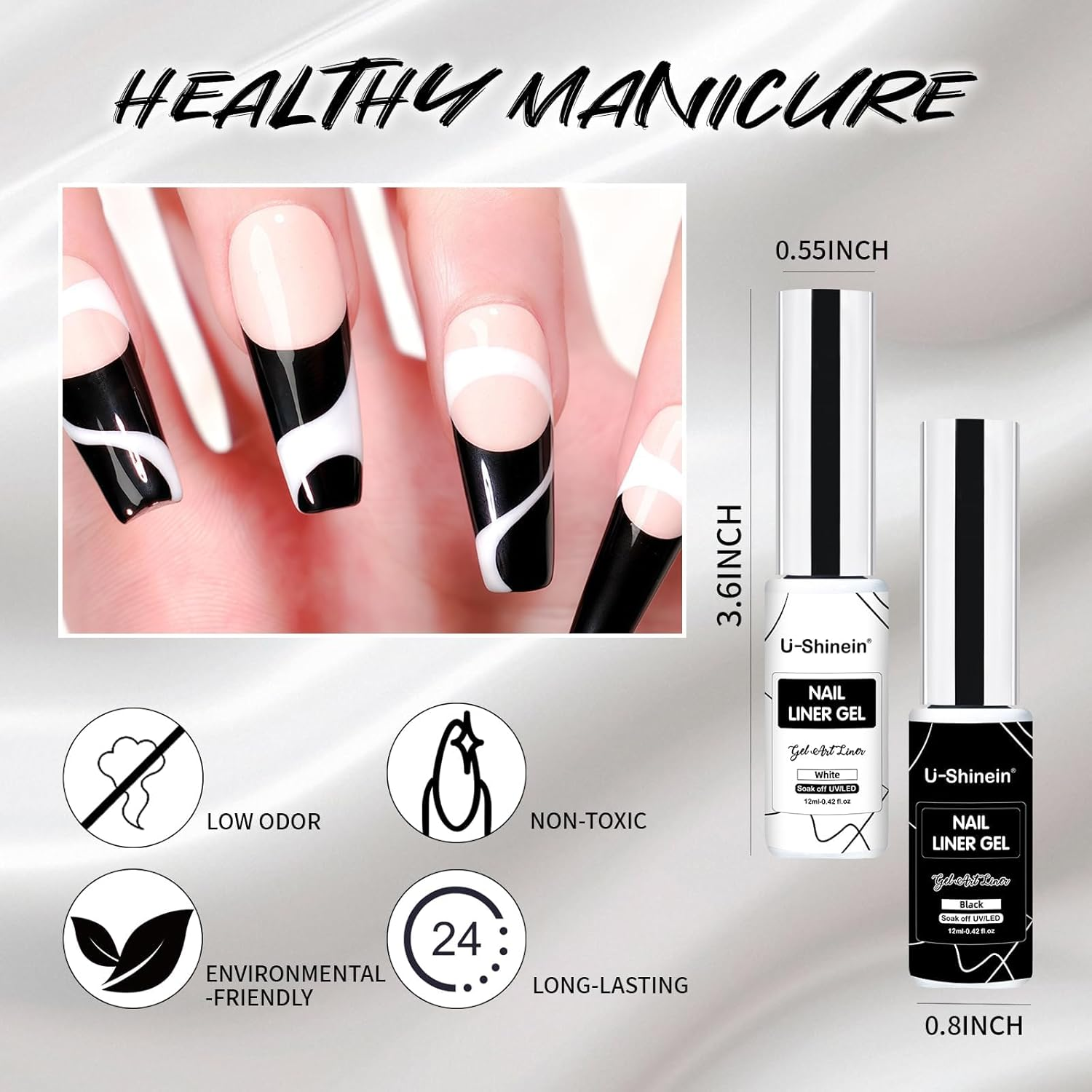 2X12Ml White and Black Painted Gel Nail Polish Set, Painting Line Gel (With Built-In Fine Brush), High Gloss Long-Lasting DIY Nail Art Home Nail Salon Gel Liner LED/UV Application. image number 4