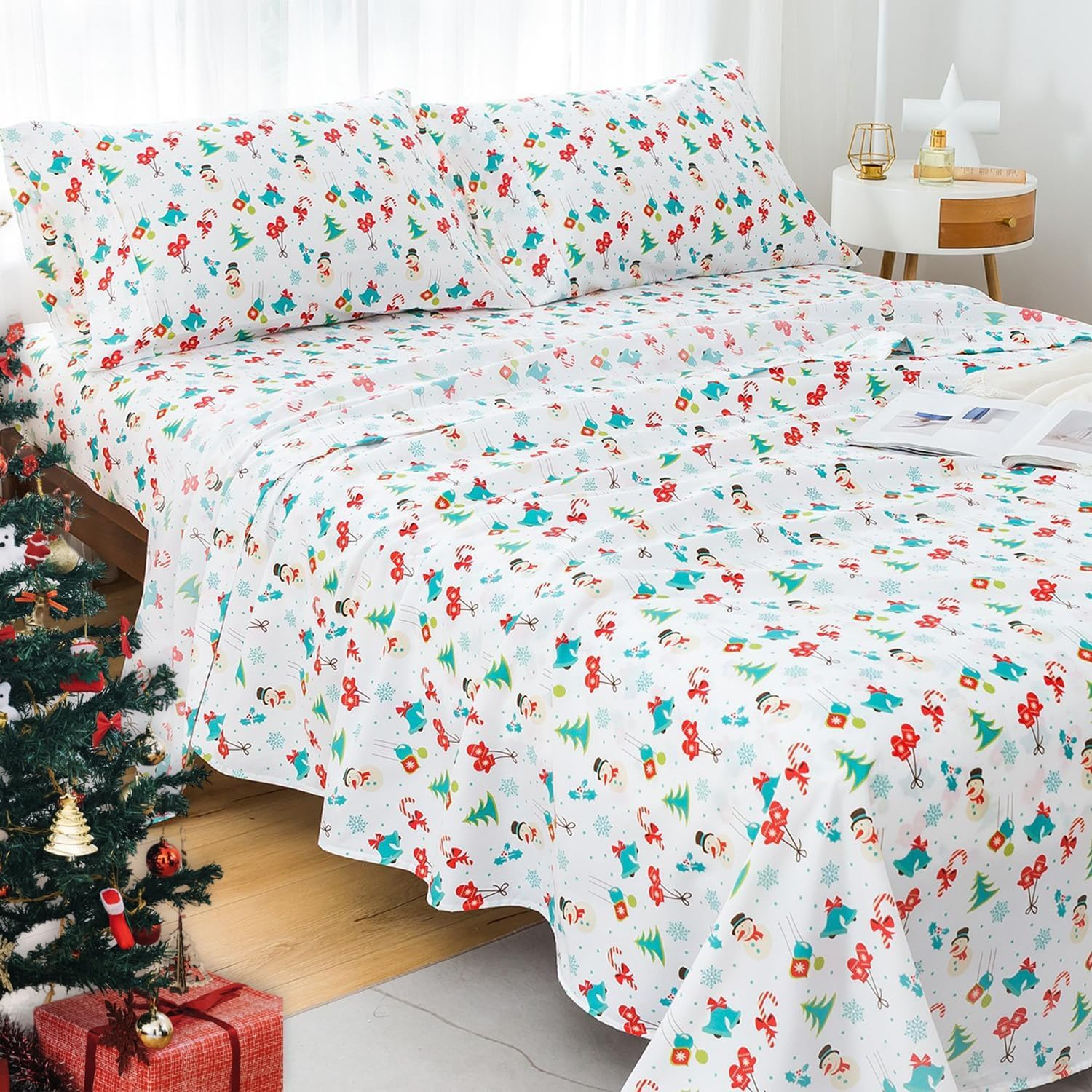 UDEAL Flower Bed Sheets Queen Size,Deep Pocket Queen Sheet Sets Floral,Microfiber Queen Sheets Set Deep Pocket,Breathable & Cooling,Easy-Fit Soft,Christmas Tree image number 3