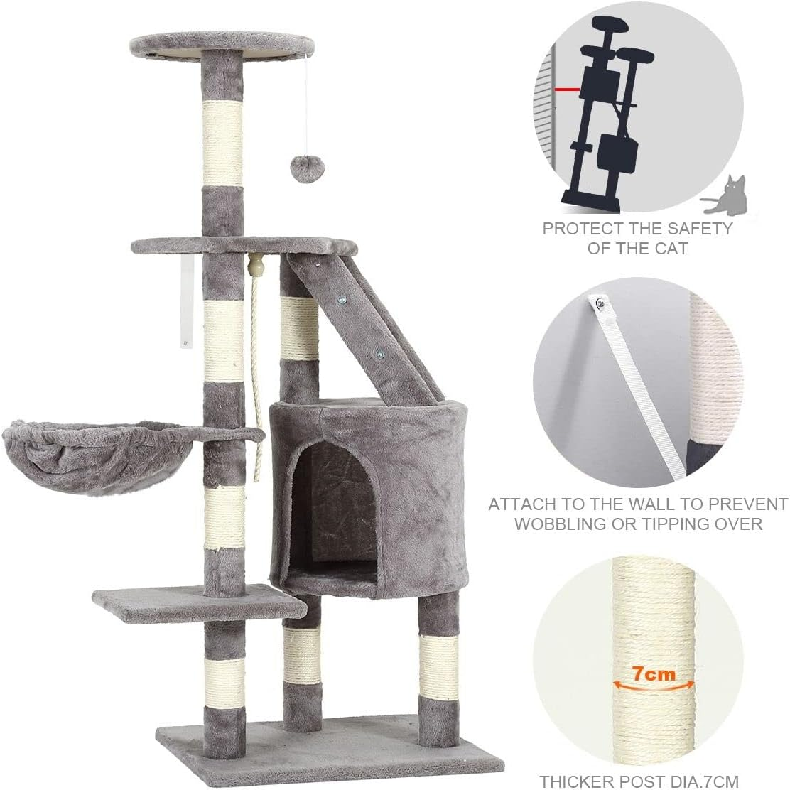 118Cm Plush Cat Scratching Post Climbing Tree Condo Play Center for Activity with Perches Dangling Rope Toys image number 4