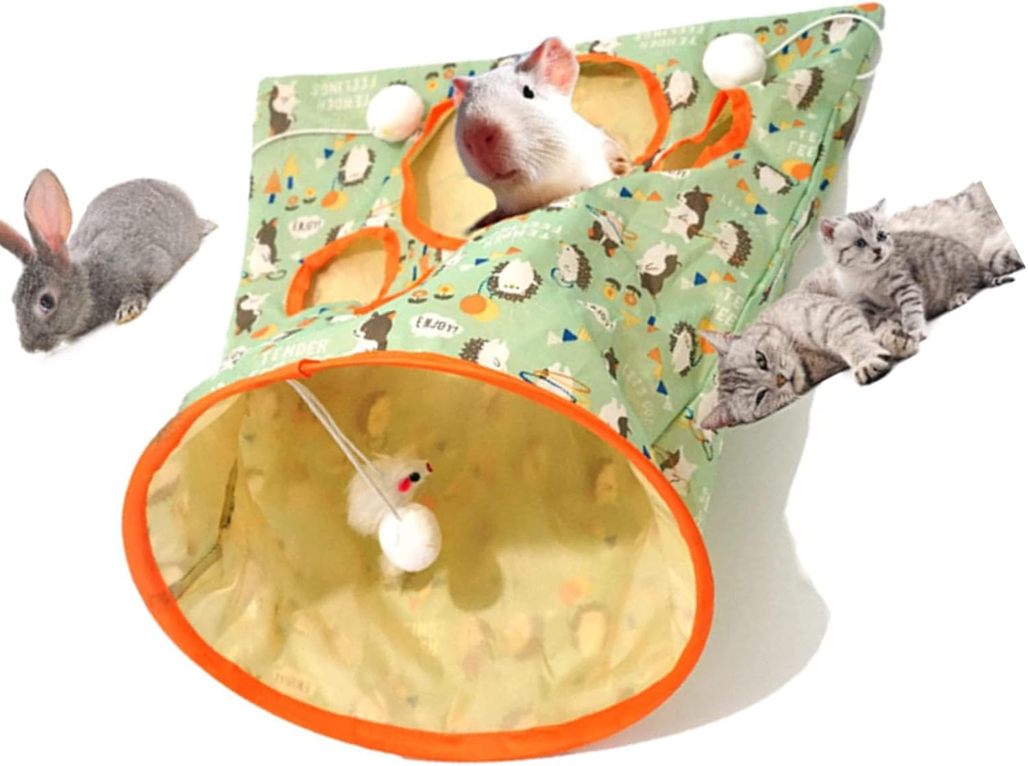 AMONIDA Cat Tunnel Bag, Safe to Use, 5 Holes, Crinkle Sounds, Interactive Cat Tunnel Paper Bag, Durable, with Plush Balls for Cats (Hedgehog)